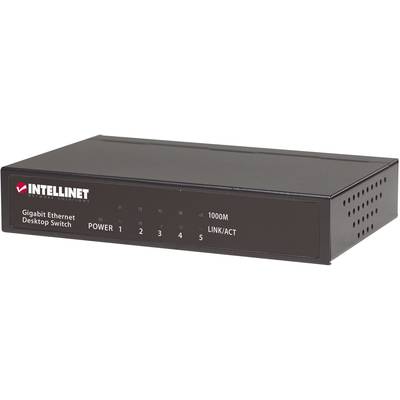 Ein schwarzer Gigabit Ethernet Desktop Switch mit fünf Ports, LED-Anzeigen für Strom und Verbindungen. Marke Intellinet.