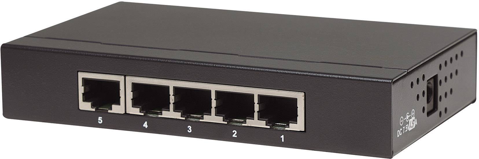 Ein schwarzer Netzwerk-Switch mit fünf Ethernet-Anschlüssen, nummeriert von 1 bis 5, zur Verbindung mehrerer Netzwerkgeräte.
