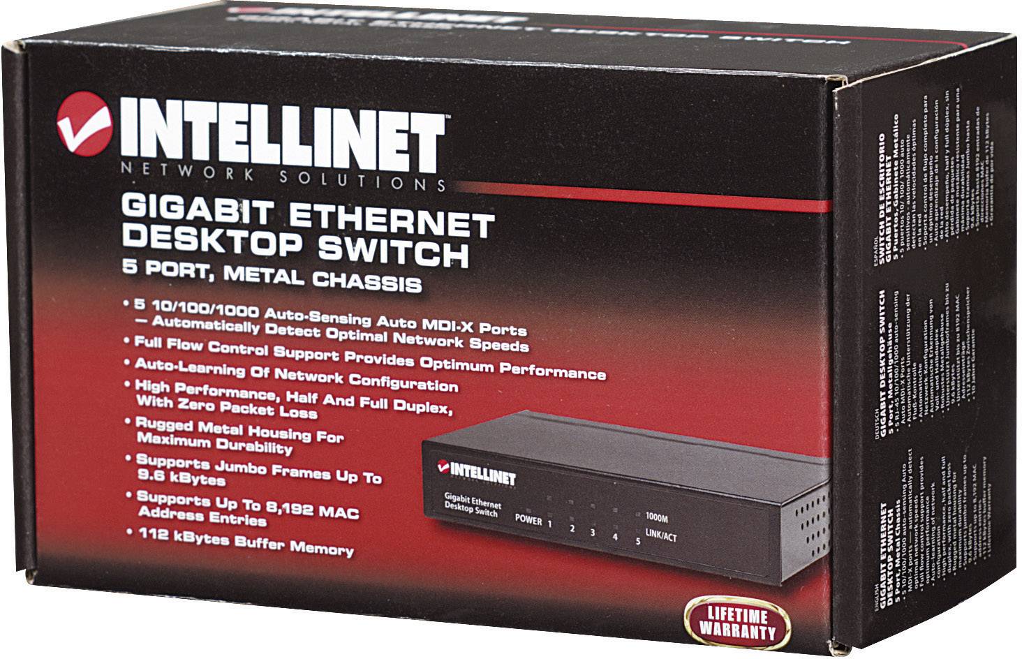 Die Verpackung zeigt einen 'Intellinet Gigabit Ethernet Desktop Switch', 5-Port, mit Metallgehäuse und technischen Spezifikationen.