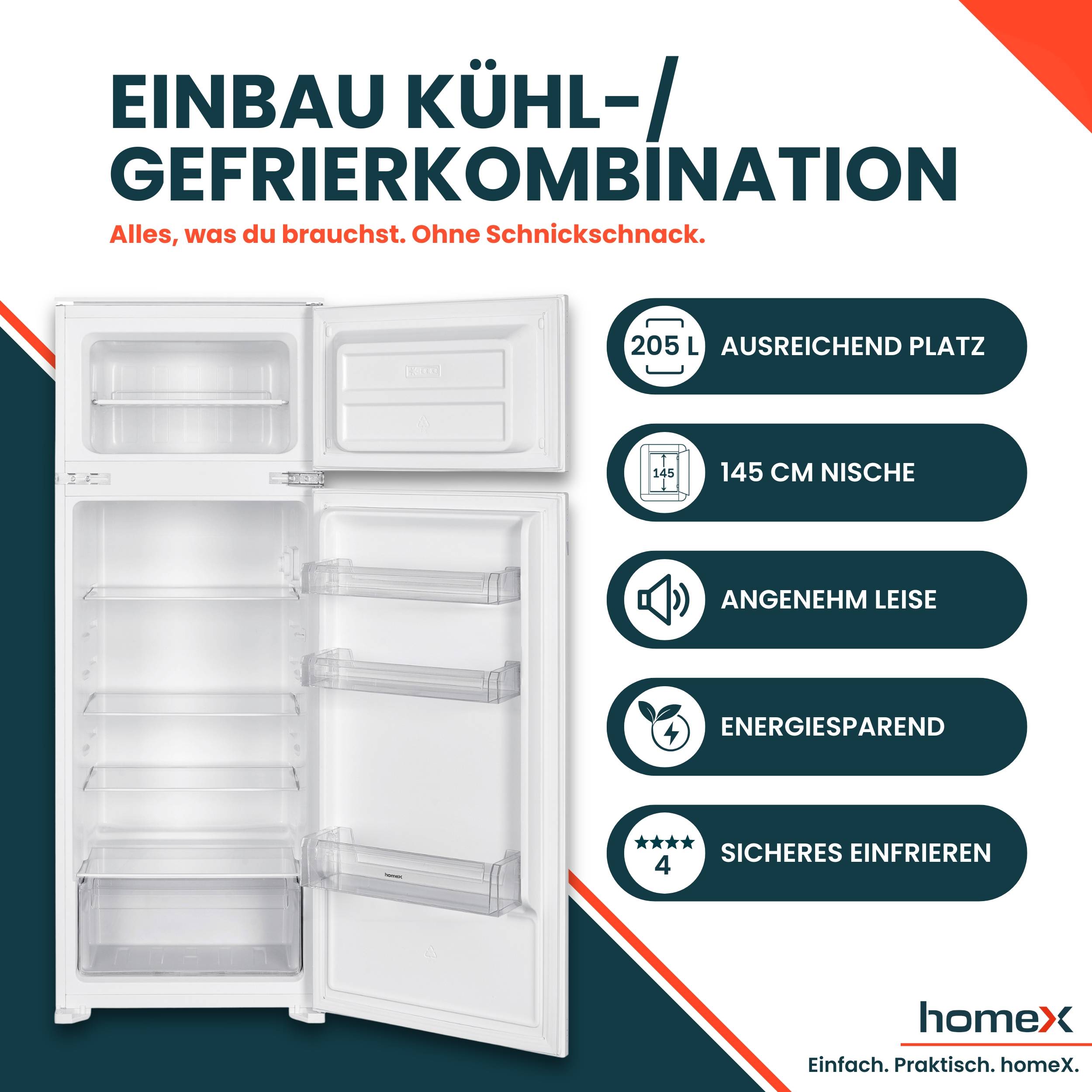 homeX CFB2051E Einbaukühlschrank mit Gefrierfach, Einbau Kühl Gefrierkombination, 145cm Nische - 205 Liter, Schlepptür-1