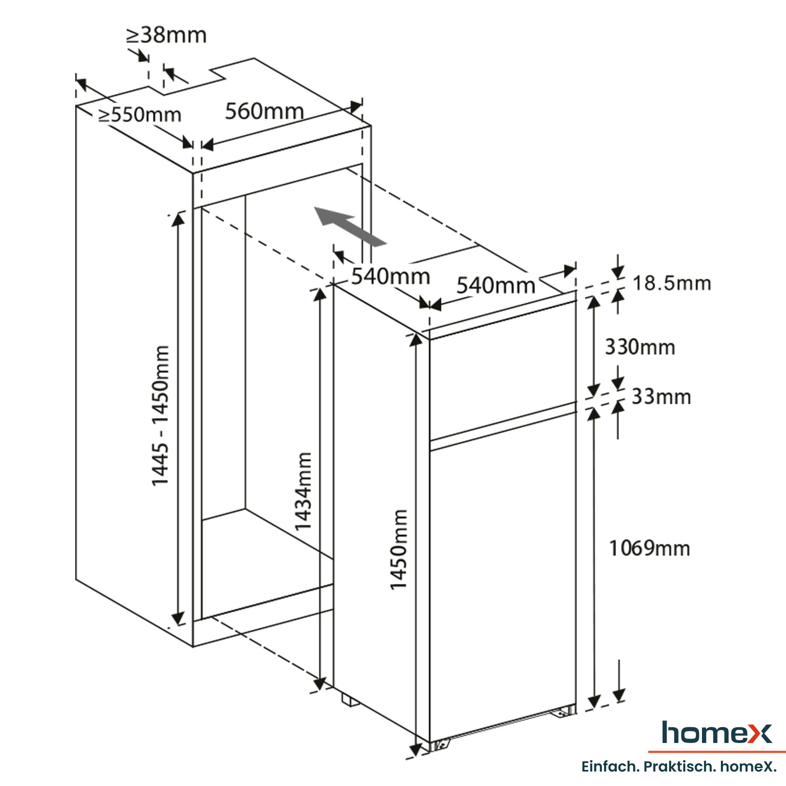 homeX CFB2051E Einbaukühlschrank mit Gefrierfach, Einbau Kühl Gefrierkombination, 145cm Nische - 205 Liter, Schlepptür-2