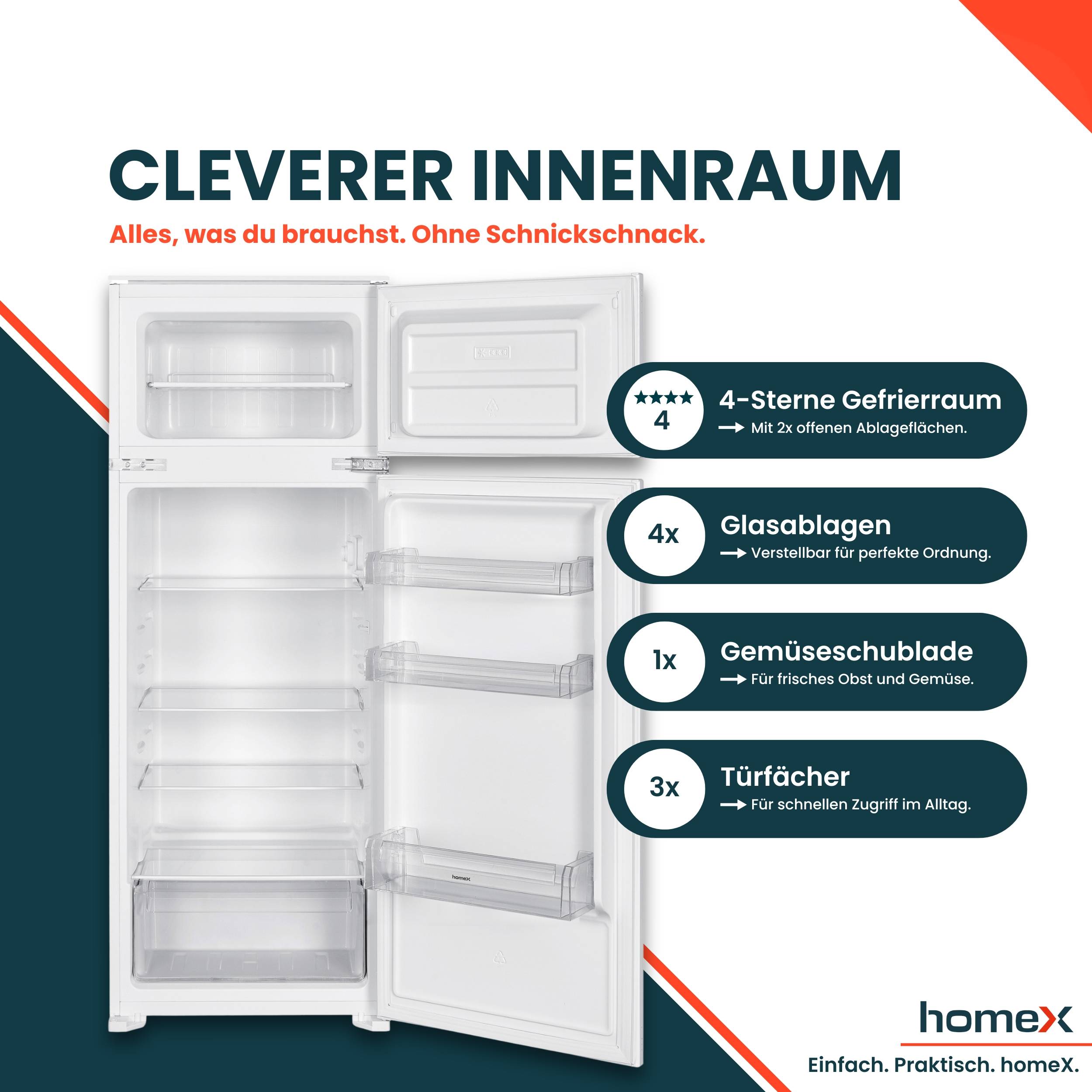 homeX CFB2051E Einbaukühlschrank mit Gefrierfach, Einbau Kühl Gefrierkombination, 145cm Nische - 205 Liter, Schlepptür-3