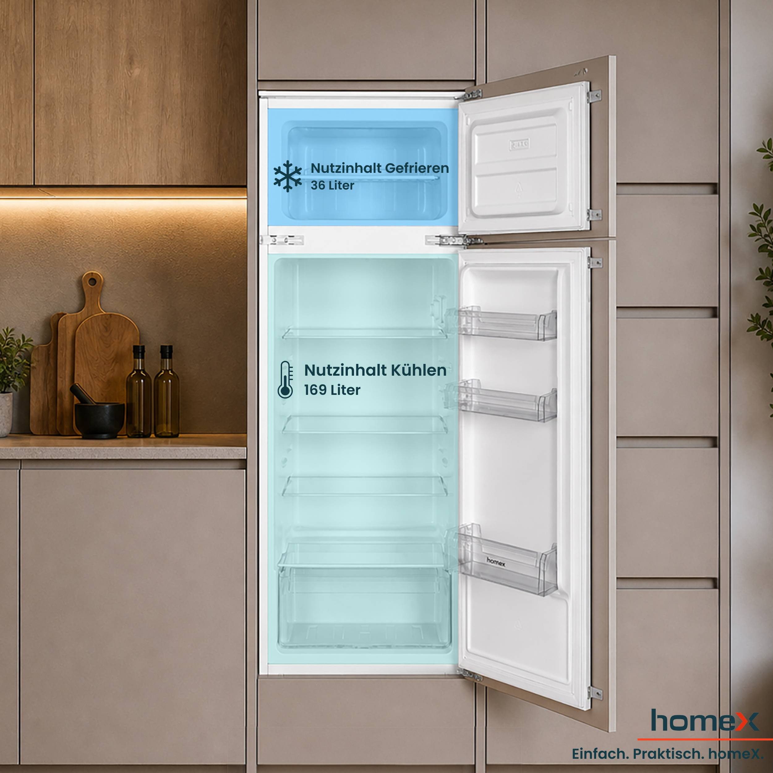 homeX CFB2051E Einbaukühlschrank mit Gefrierfach, Einbau Kühl Gefrierkombination, 145cm Nische - 205 Liter, Schlepptür-4