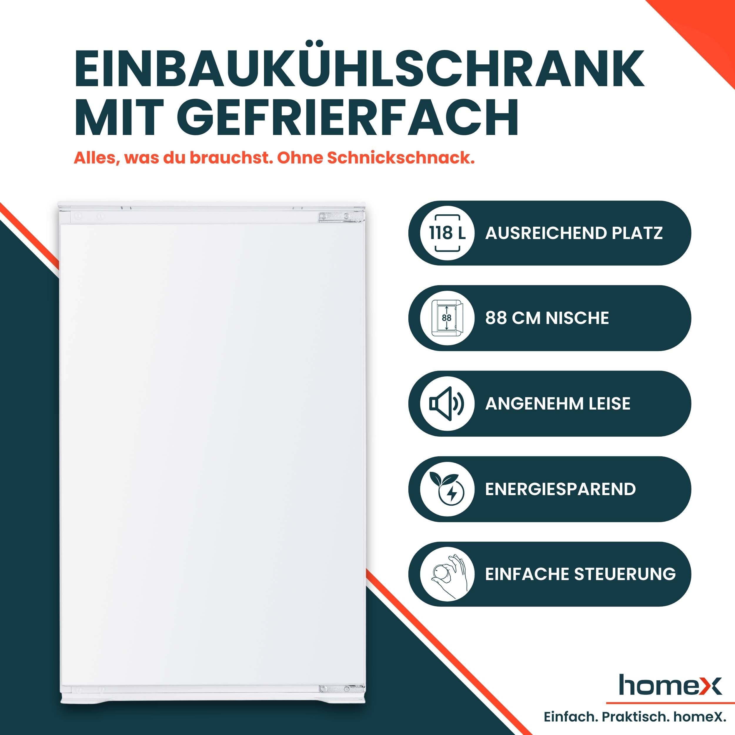 homeX CFB1181E Einbaukühlschrank mit Gefrierfach, 88cm Nische - 118 Liter, Schlepptürtechnik, LED-Beleuchtung, 37 dB-2