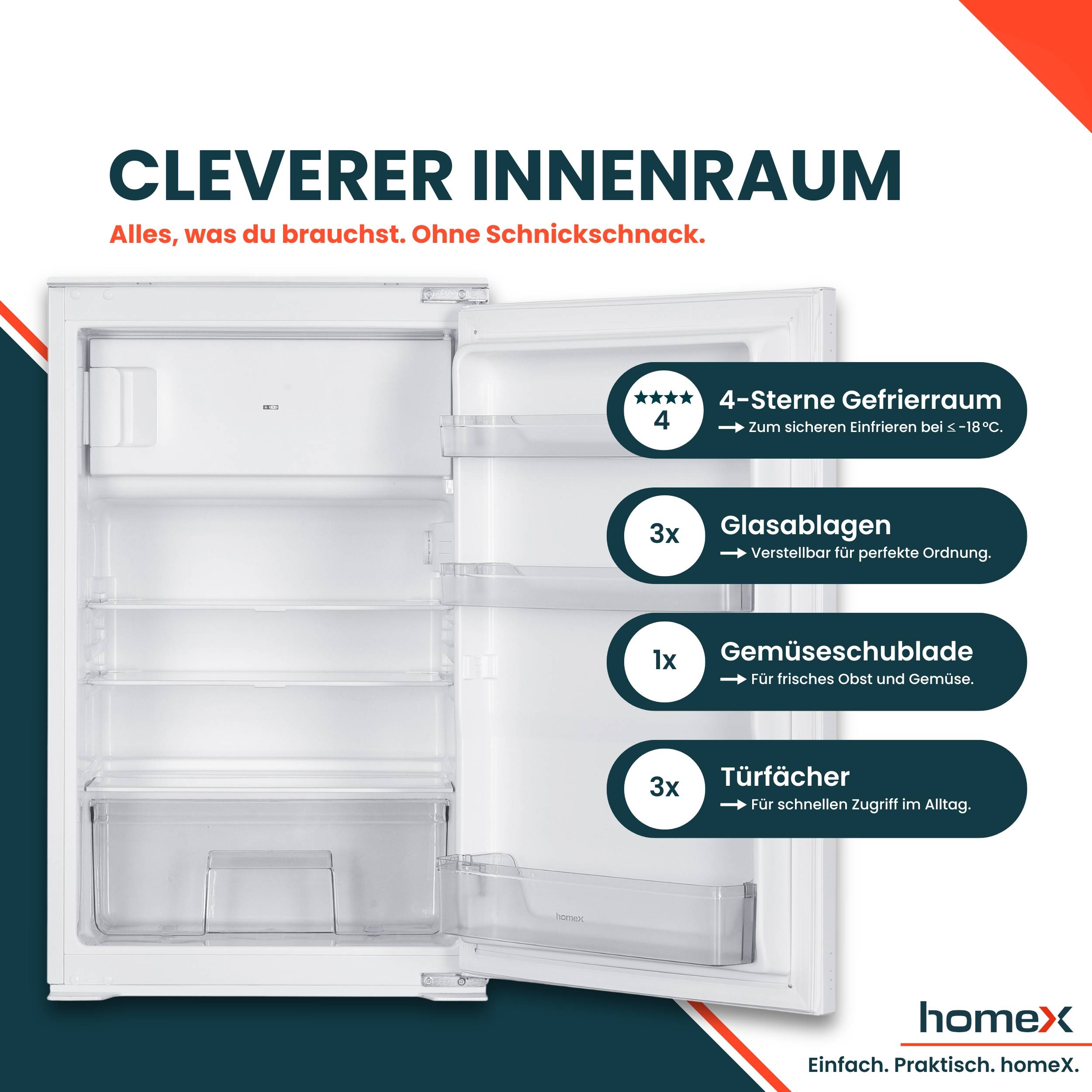 homeX CFB1181E Einbaukühlschrank mit Gefrierfach, 88cm Nische - 118 Liter, Schlepptürtechnik, LED-Beleuchtung, 37 dB-3