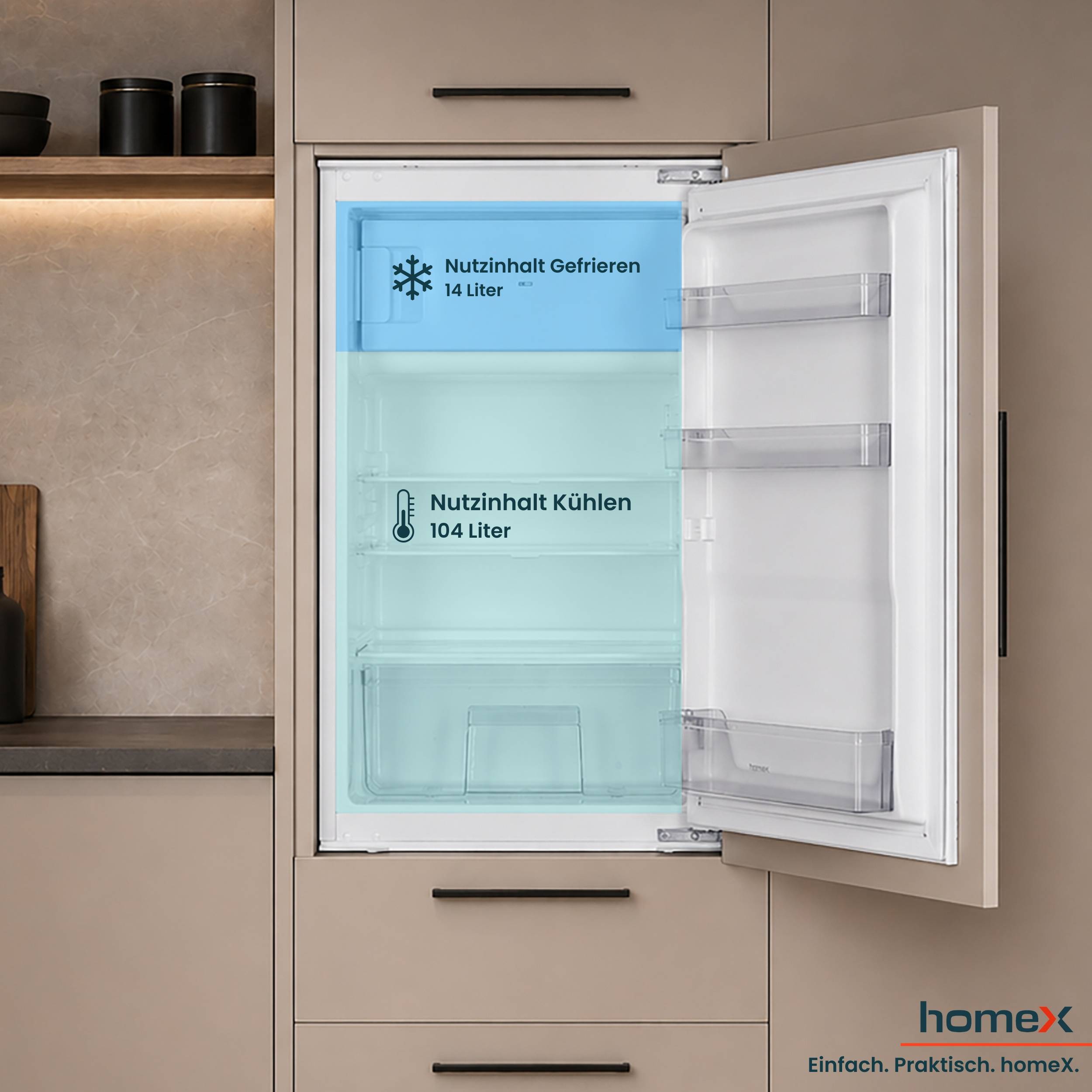 homeX CFB1181E Einbaukühlschrank mit Gefrierfach, 88cm Nische - 118 Liter, Schlepptürtechnik, LED-Beleuchtung, 37 dB-4