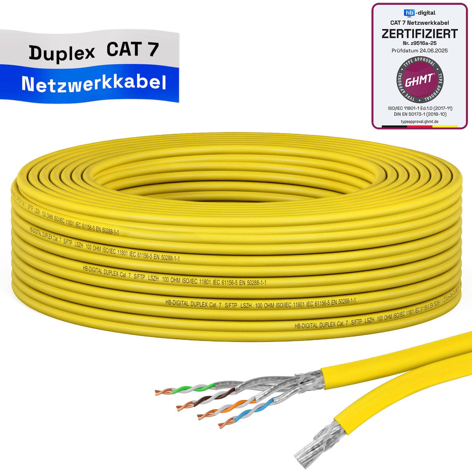 hb-digital Netzwerkkabel CAT 7 Duplex 15m max. 1000 MHz S/FTP LSZH AWG23 gelb