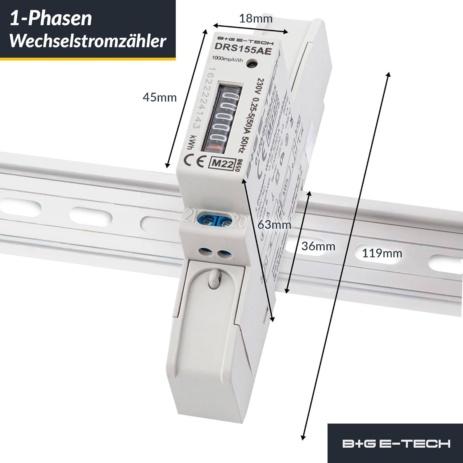 B+G E-Tech DRS155AE - Wechselstromzähler mit Rollenzählwerk Hutschiene 50A MID 2026 Stromzähler digital-1