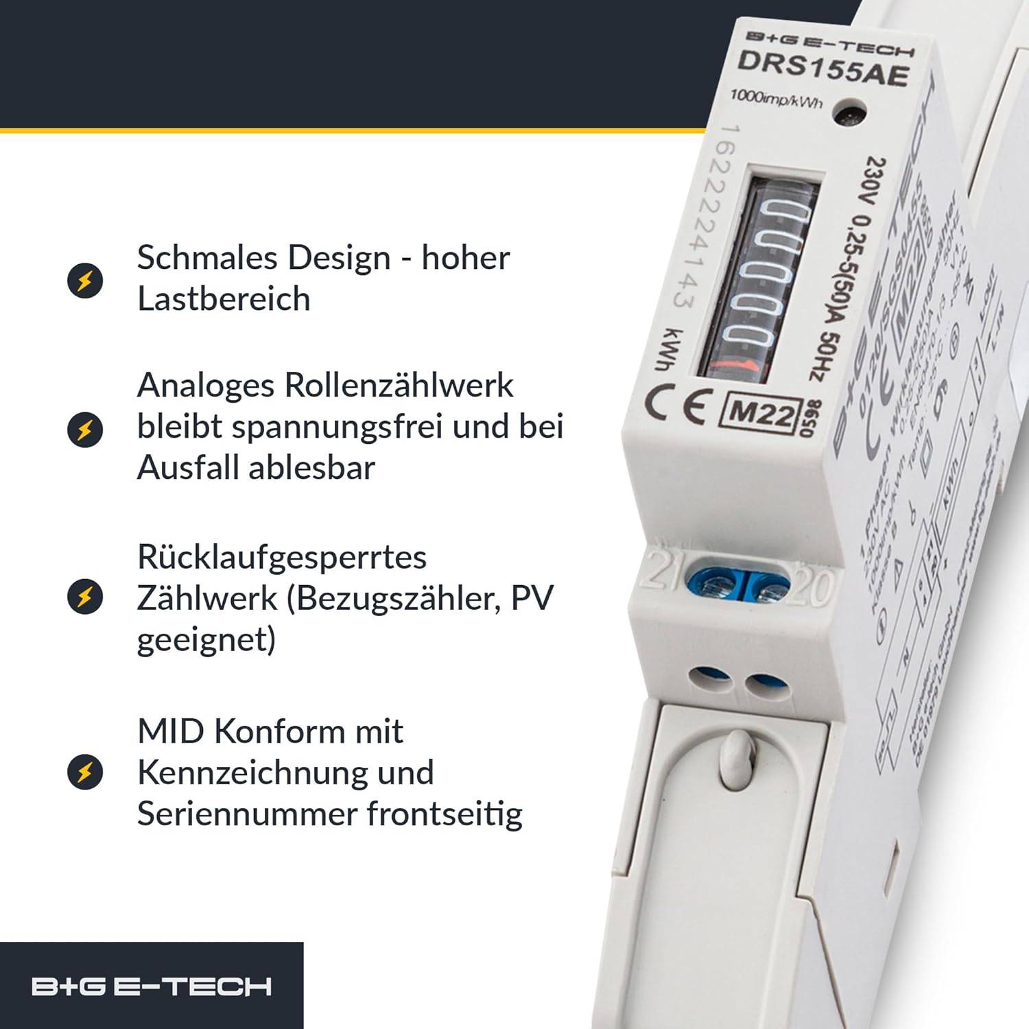 B+G E-Tech DRS155AE - Wechselstromzähler mit Rollenzählwerk Hutschiene 50A MID 2026 Stromzähler digital-3