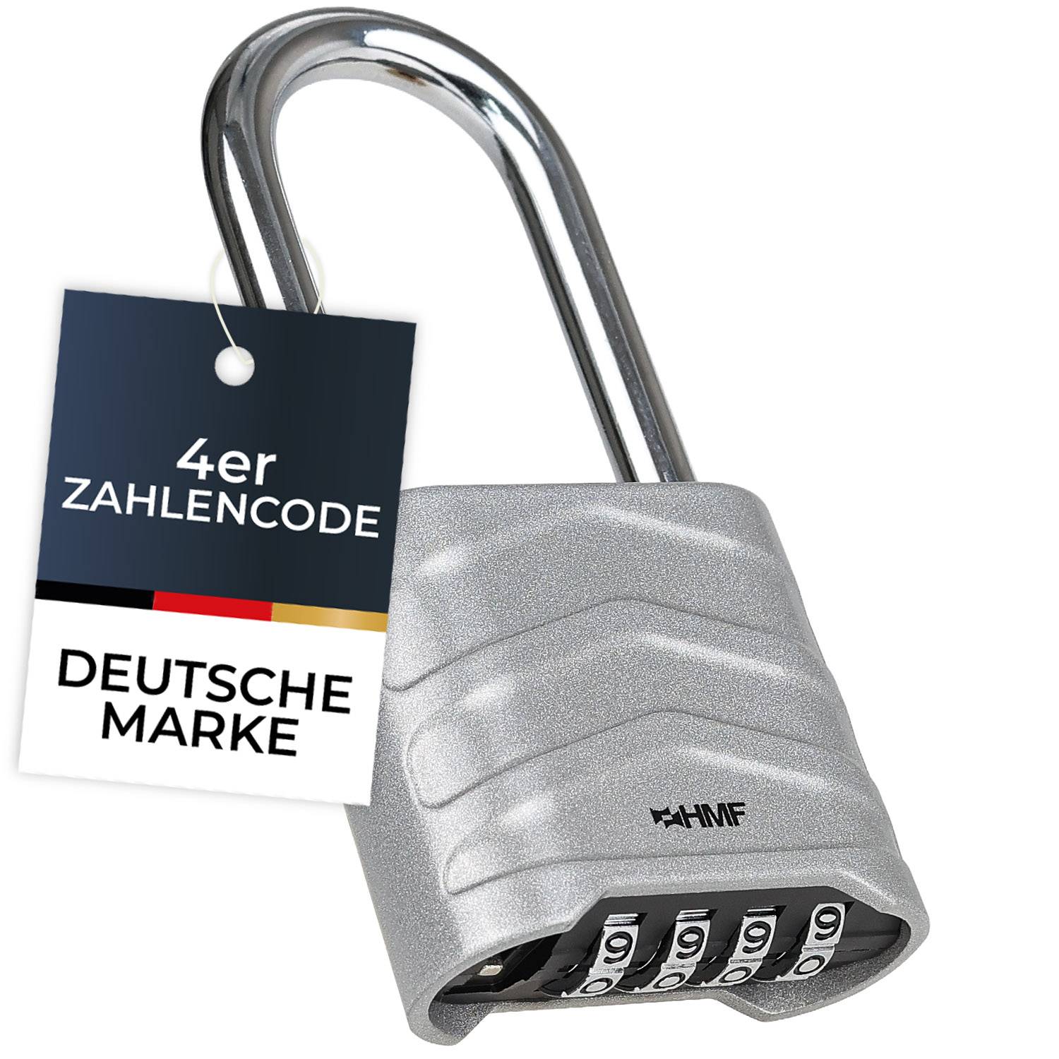 HMF Vorhängeschloss mit hohem Bügel und 4-stelligem Zahlencode aus Aluminiumlegierung, 5,6 x 2,6 x 11,7 cm, Silber