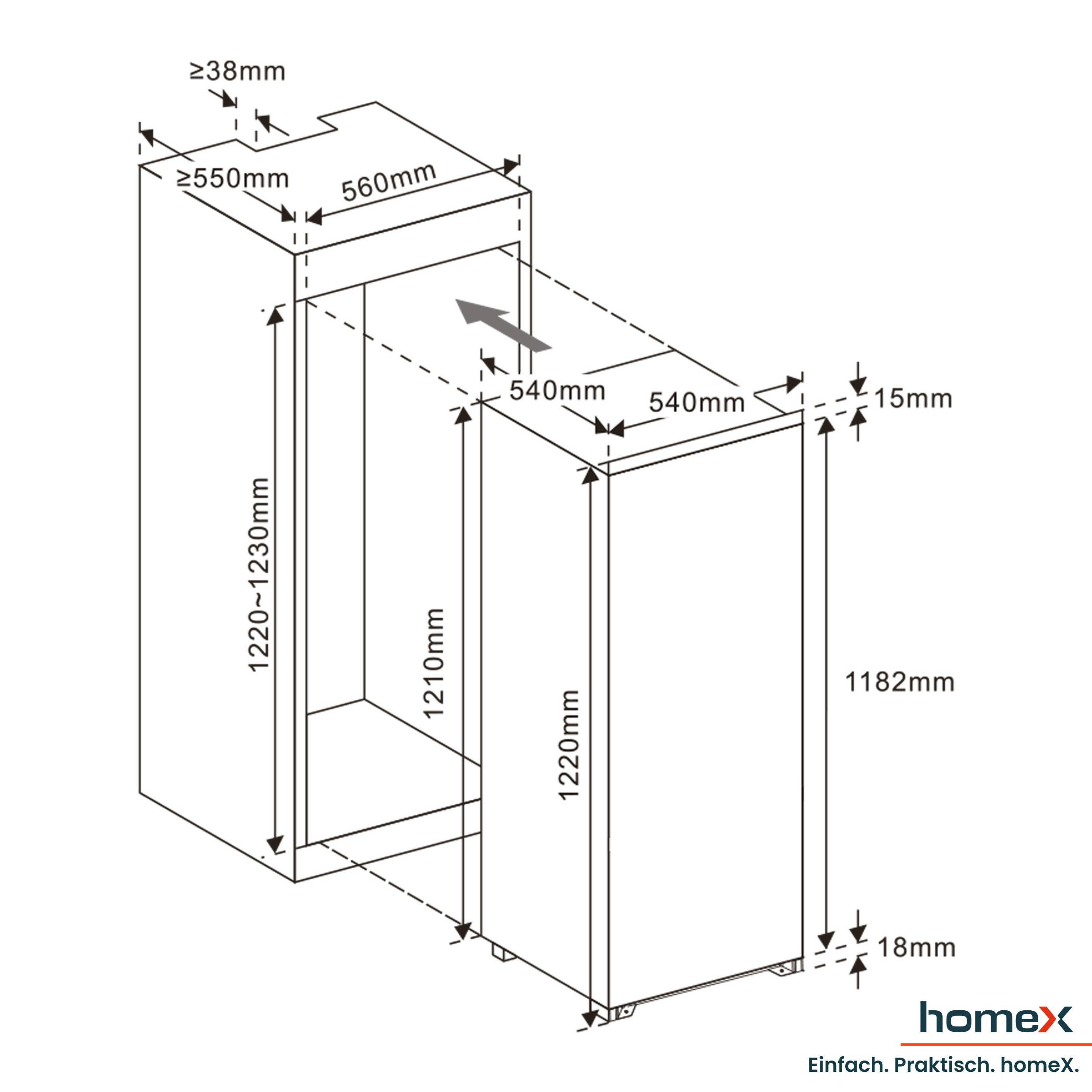 homeX CFB1811E Einbaukühlschrank mit Gefrierfach, 122cm Nische - 181 Liter, Schlepptürtechnik, LED-Beleuchtung, 39 dB-2