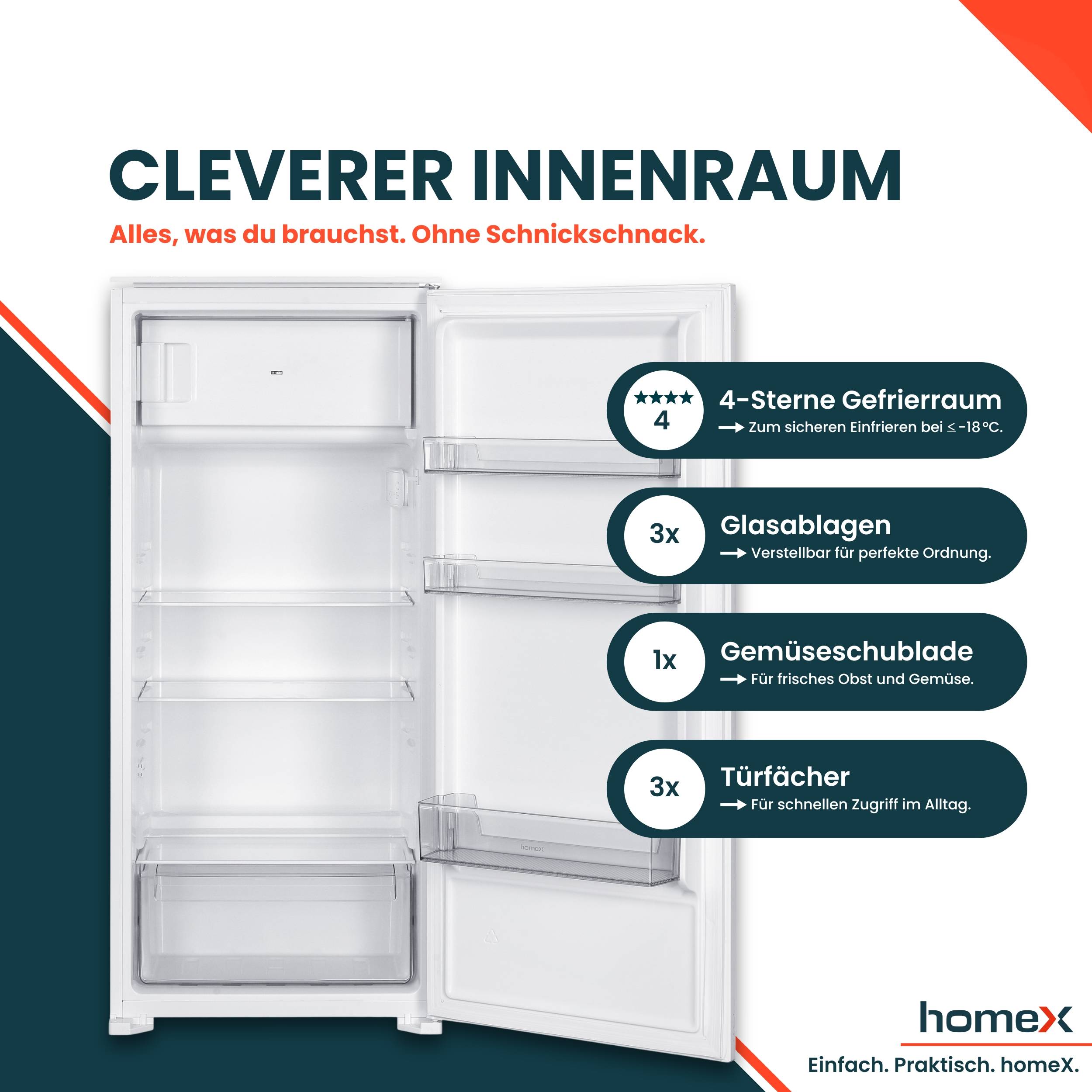 homeX CFB1811E Einbaukühlschrank mit Gefrierfach, 122cm Nische - 181 Liter, Schlepptürtechnik, LED-Beleuchtung, 39 dB-3
