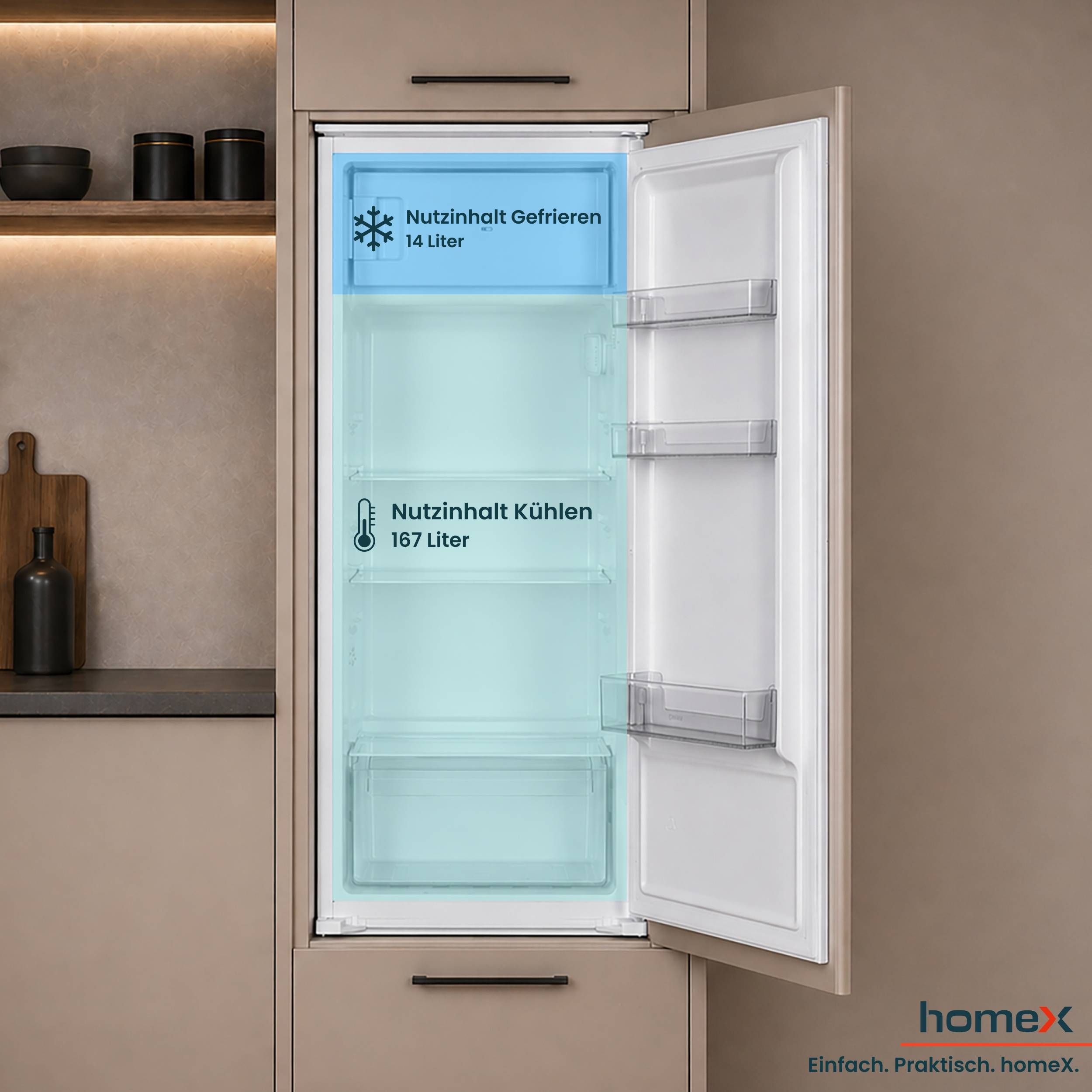 homeX CFB1811E Einbaukühlschrank mit Gefrierfach, 122cm Nische - 181 Liter, Schlepptürtechnik, LED-Beleuchtung, 39 dB-4