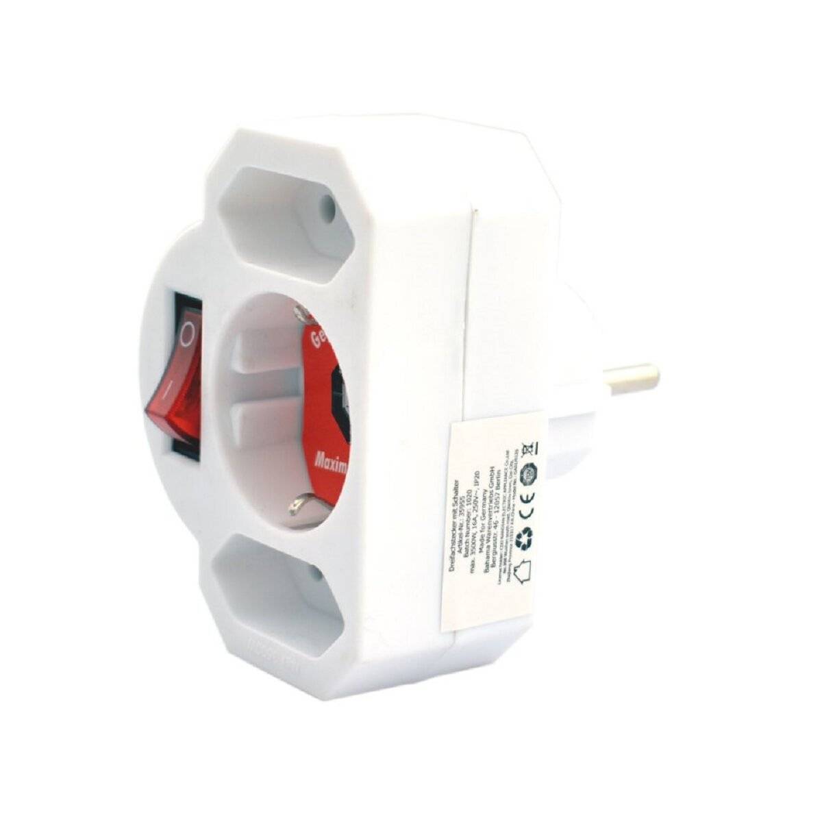 Zwischenstecker 3-fach mit Schalter Schuko 2x Euro TÜV Weiß-0
