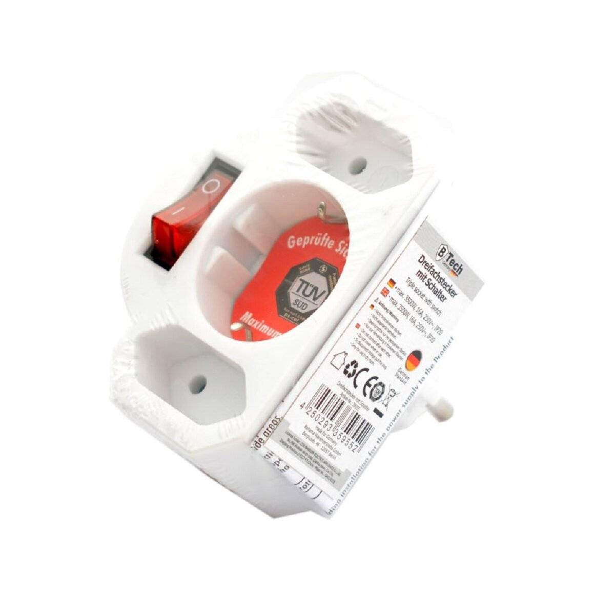 Zwischenstecker 3-fach mit Schalter Schuko 2x Euro TÜV Weiß-2