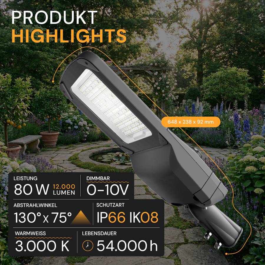 ENOVALITE LED Straßenleuchte PRO 80W 12000lm 3000K Warmweiß IP66 IK08 Dimmbar LUMILEDS Außenstrahler Mastleuchte Schwarz-1
