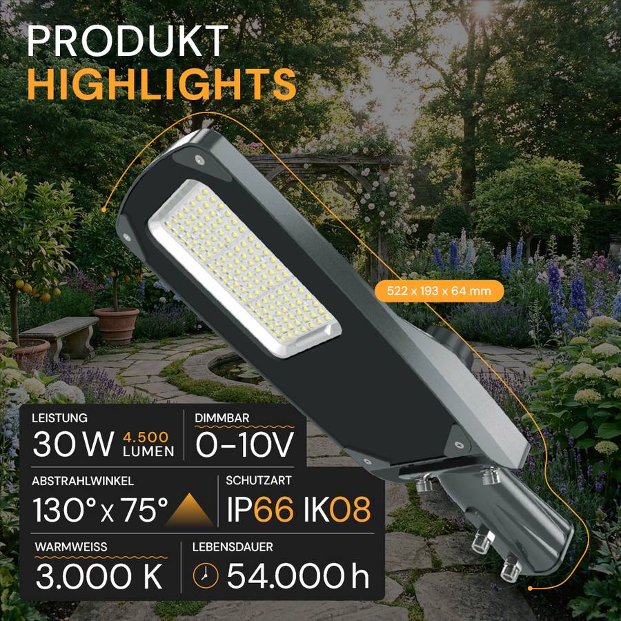 ENOVALITE LED Straßenleuchte PRO 30W 4500lm 3000K Warmweiß IP66 IK08 Dimmbar LUMILEDS Außenstrahler Mastleuchte Schwarz-1