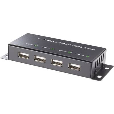 Metallischer 4-Port USB 2.0 Hub mit vier USB-Anschlüssen auf der Vorderseite und LED-Anzeigen oben für jeden Anschluss.