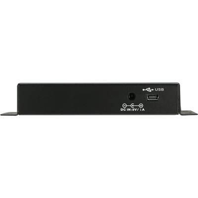 Ein schwarzes elektronisches Gerät mit einem USB-Anschluss und einer Stromversorgungsbuchse, gekennzeichnet mit 'DC IN: 5V/1A'.