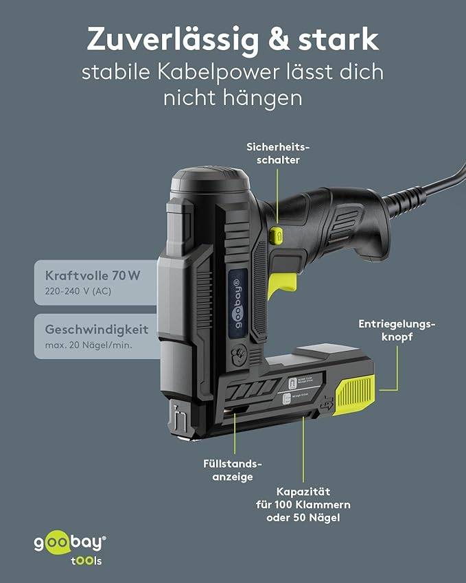 Goobay 77820 2in1 Elektrotacker kabelgebunden, Elektrotacker und Nagelpistole, Typ 53 und 47, 70 W-5