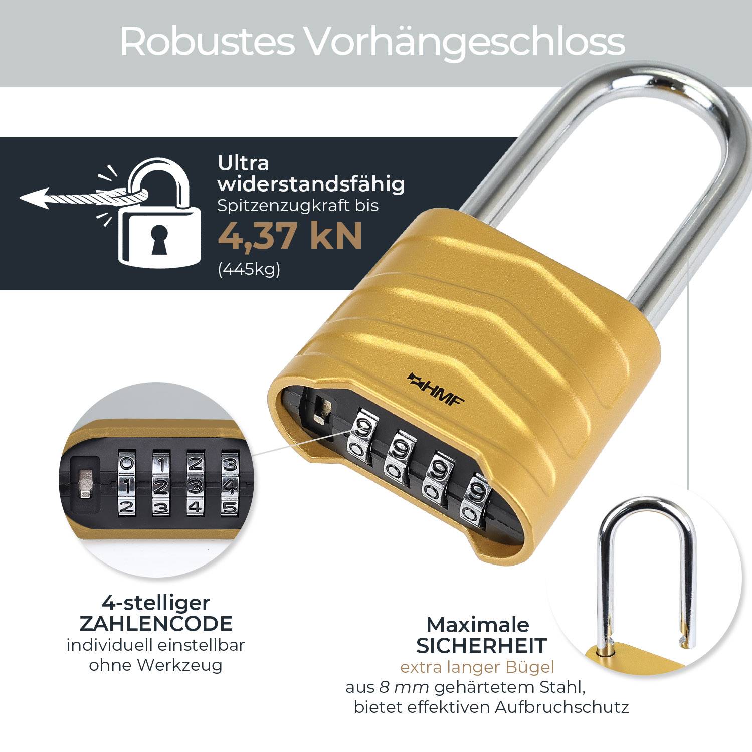 HMF Vorhängeschloss mit hohem Bügel und 4-stelligem Zahlencode aus Aluminiumlegierung, 5,6 x 2,6 x 11,7 cm, Gold-1
