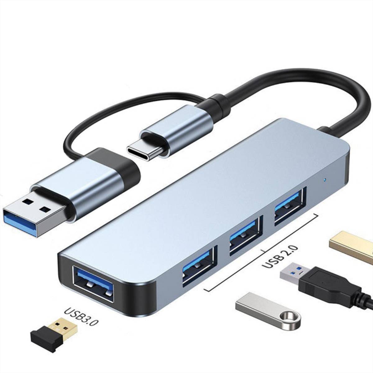 VALUE USB3.2 Gen1 Metall Hub, 4fach Typ A, (1x USB 3.2Gen1 + 3x USB 2.0), Typ A+C Anschlusskabel-2