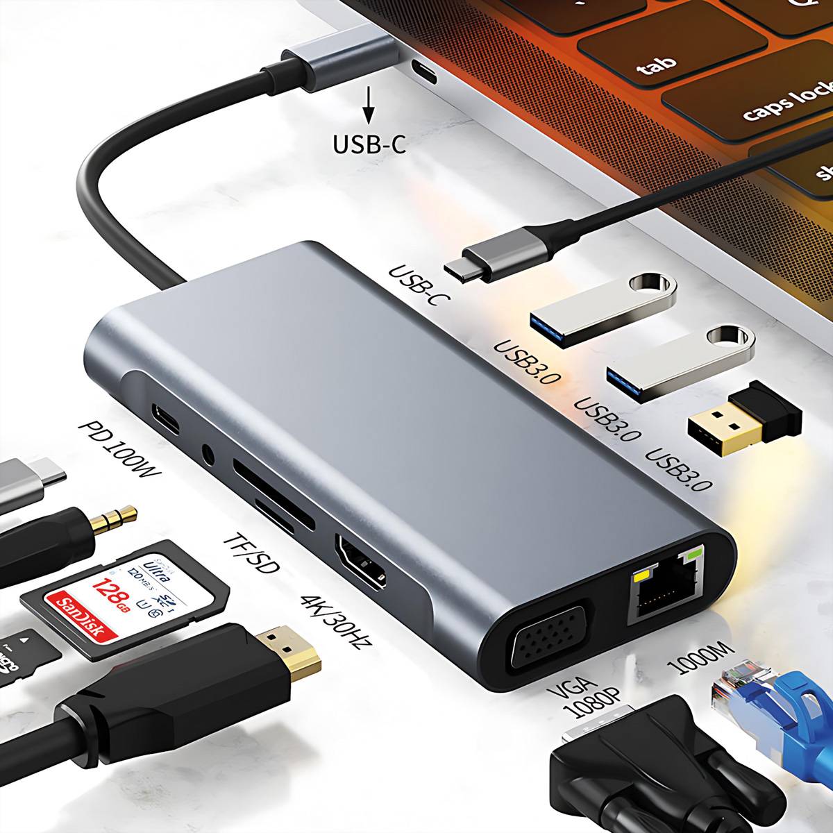 VALUE USB Typ C Docking Station, HDMI 4K60, 1x Gigabit Ethernet, 2x USB A + Typ C PD, 1x SD/microSD, 1x Audio-4