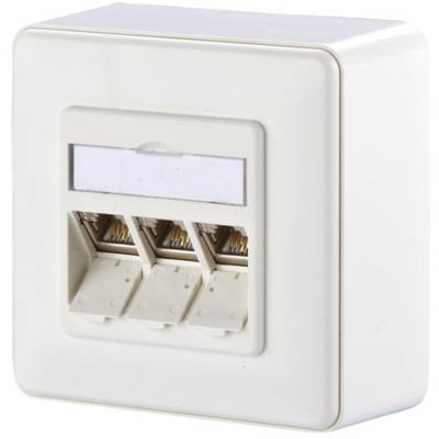 Eine weiße, quadratische Netzwerksteckdose mit drei Ethernet-Anschlüssen, geeignet zur Wandmontage in Büros oder Wohnbereichen.