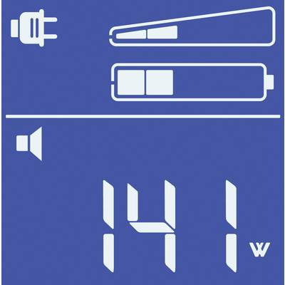 'Digitalanzeige mit blauer Hintergrundfarbe zeigt Ladezustand von 141 Minuten, Lautsprechersymbol und Ladeanzeige mit zwei Balken.'