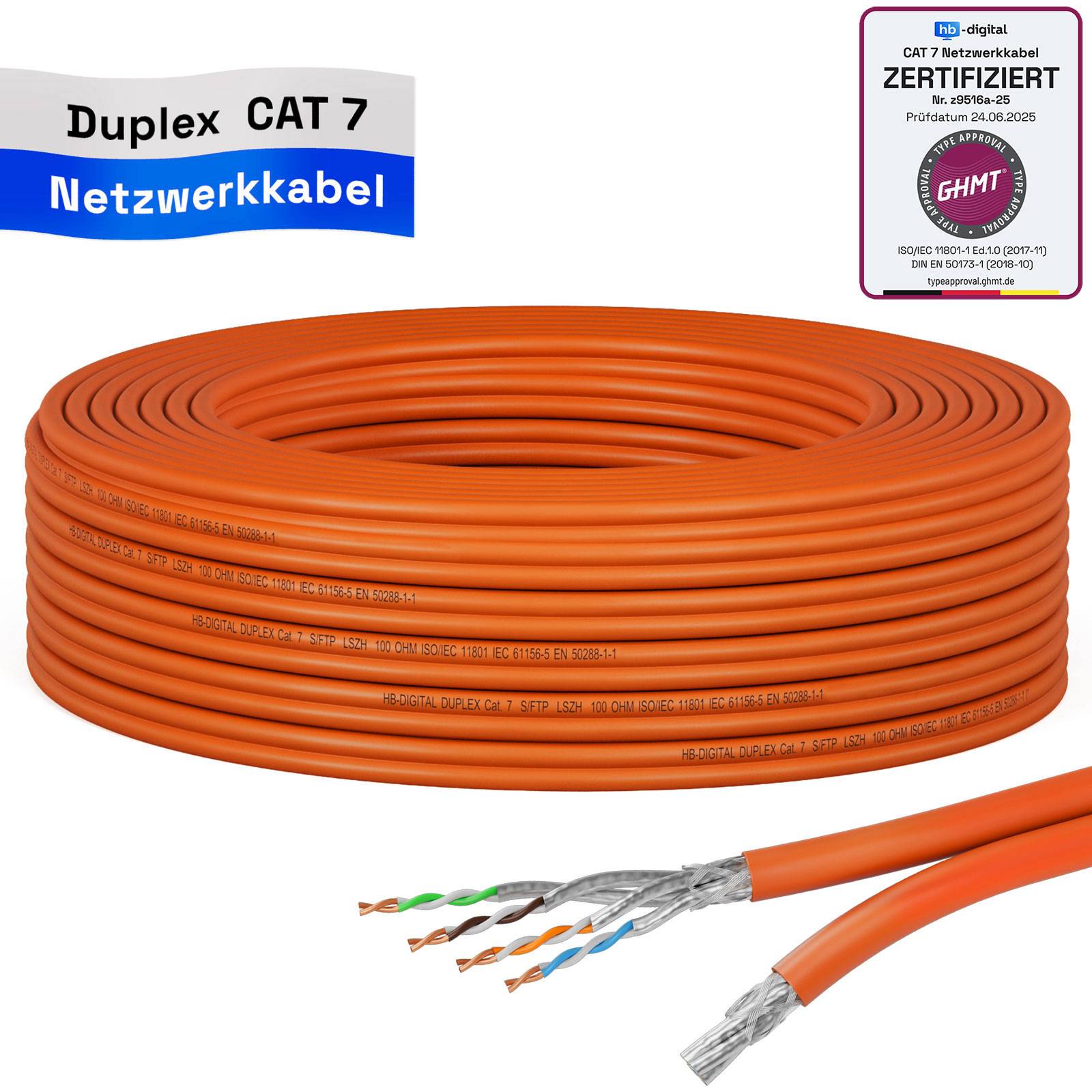 hb-digital Netzwerkkabel CAT 7 Duplex 15m max. 1000 MHz S/FTP LSZH AWG23 orange