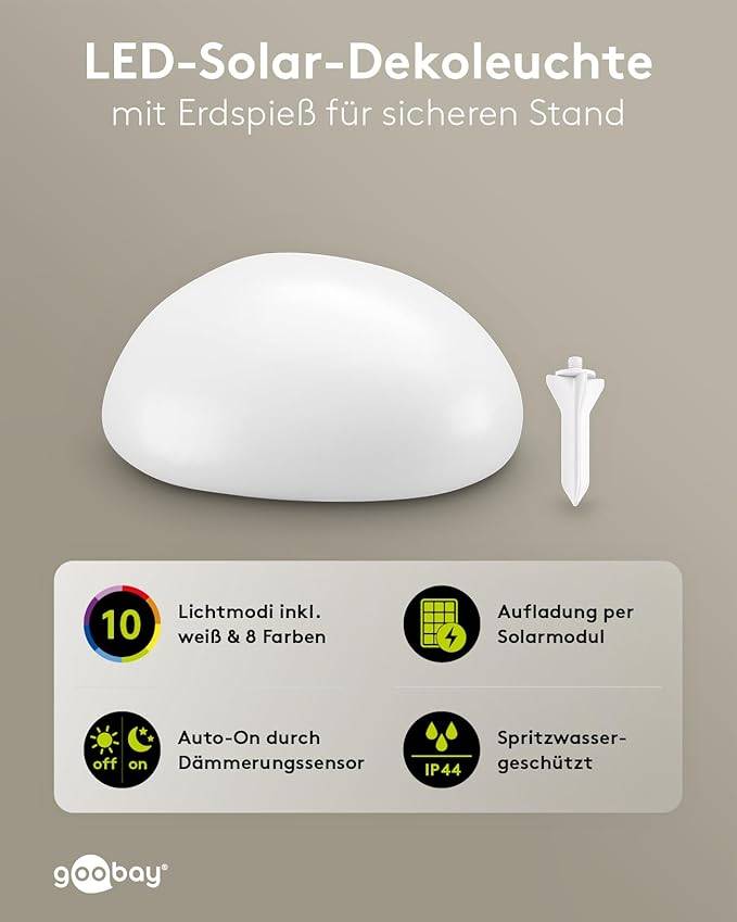 Goobay 80205 LED-Solar-Dekoleuchte Stein 2er-Set, Solar-Gartenleuchte, RGBW, 10 lm, IP44, Erdspieß-1