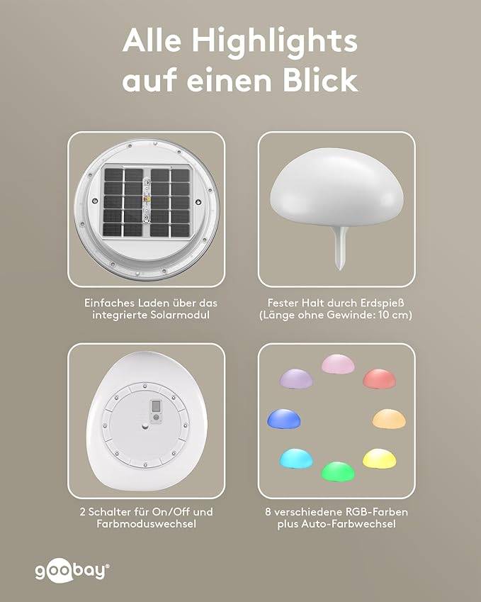 Goobay 80205 LED-Solar-Dekoleuchte Stein 2er-Set, Solar-Gartenleuchte, RGBW, 10 lm, IP44, Erdspieß-4