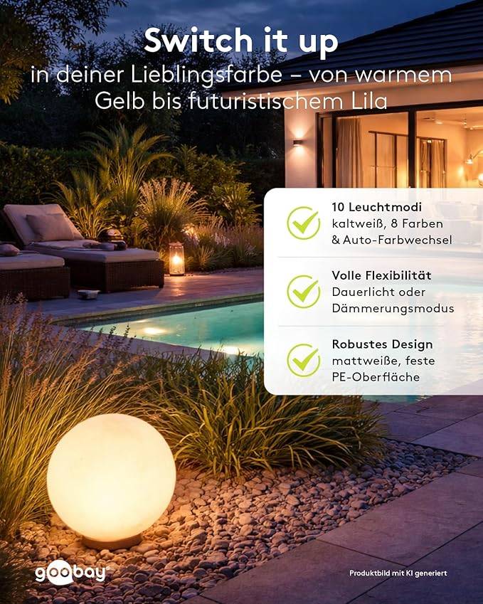 Goobay 80203 LED-Solar-Dekoleuchte Kugel XL, Solar-Gartenleuchte Ø35 cm, RGBW, 25 lm, IP54, Erdspieß-6