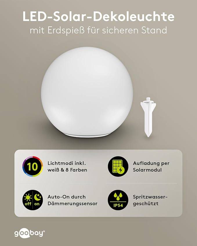 Goobay 80203 LED-Solar-Dekoleuchte Kugel XL, Solar-Gartenleuchte Ø35 cm, RGBW, 25 lm, IP54, Erdspieß-1