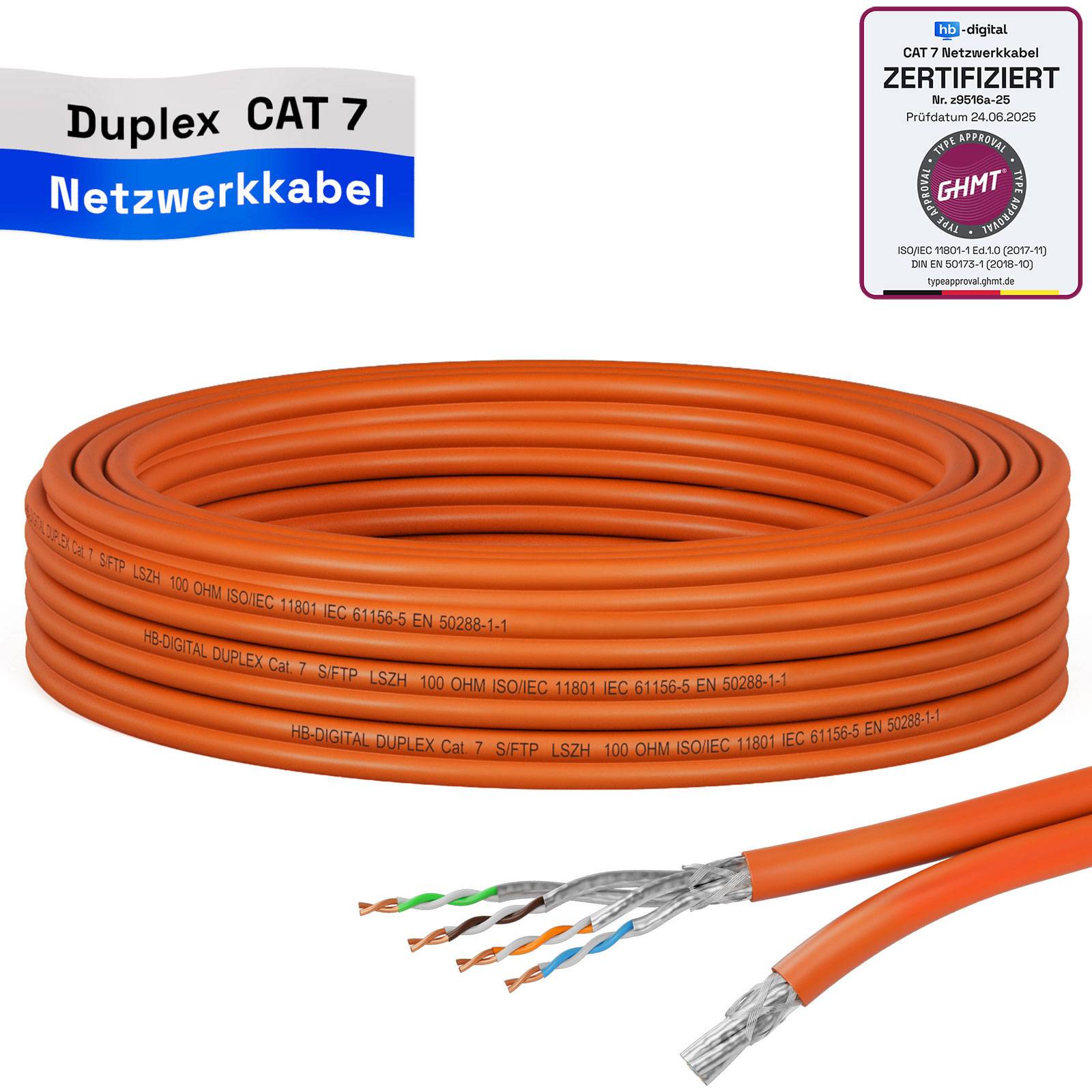 hb-digital Netzwerkkabel CAT 7 Duplex 5m max. 1000 MHz S/FTP LSZH AWG23 orange