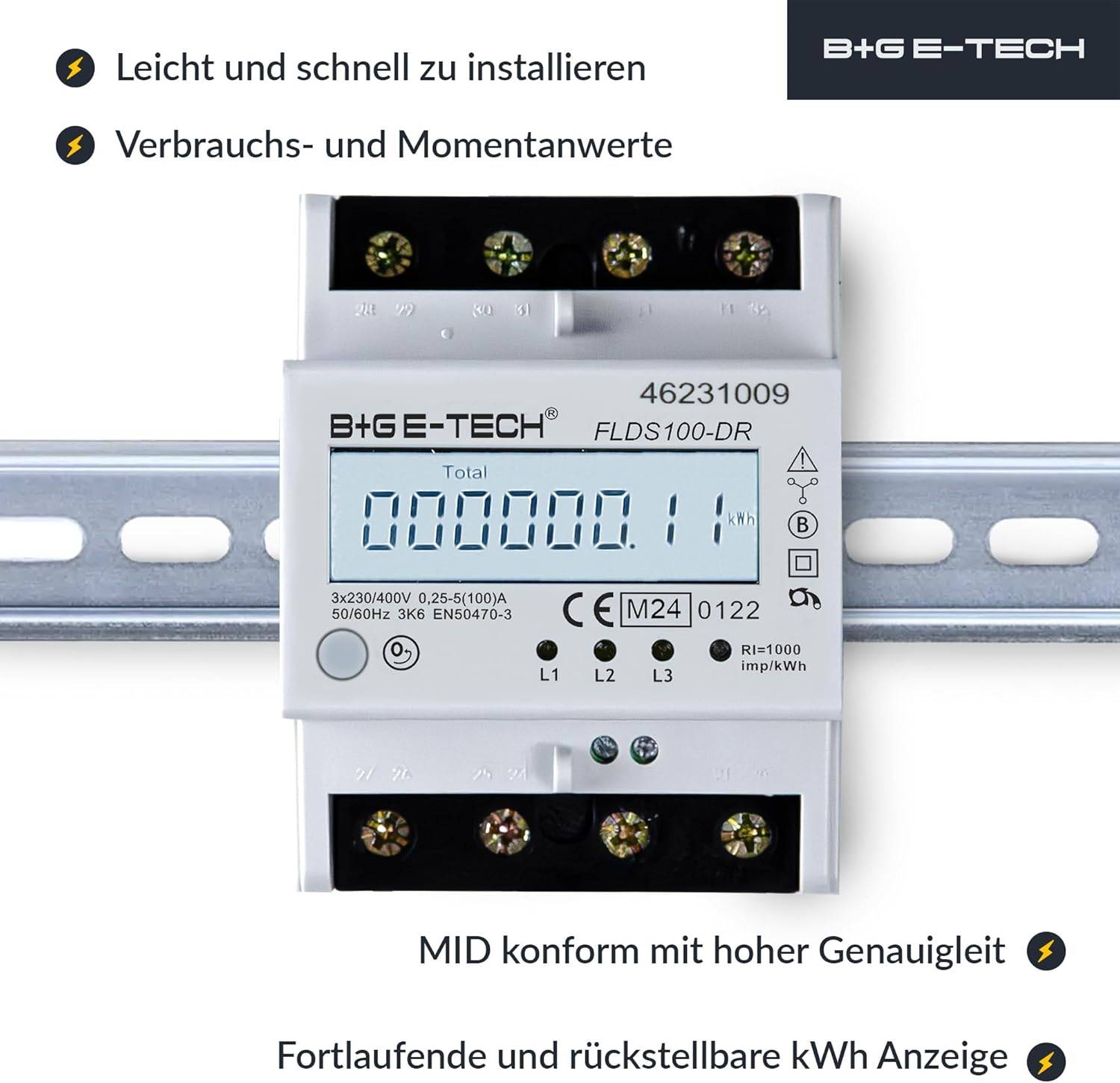 B+G E-Tech FLDS100DR Drehstromzähler 400V 100A LCD Weiß Hutschiene MID 2026 digital Stromzähler-1