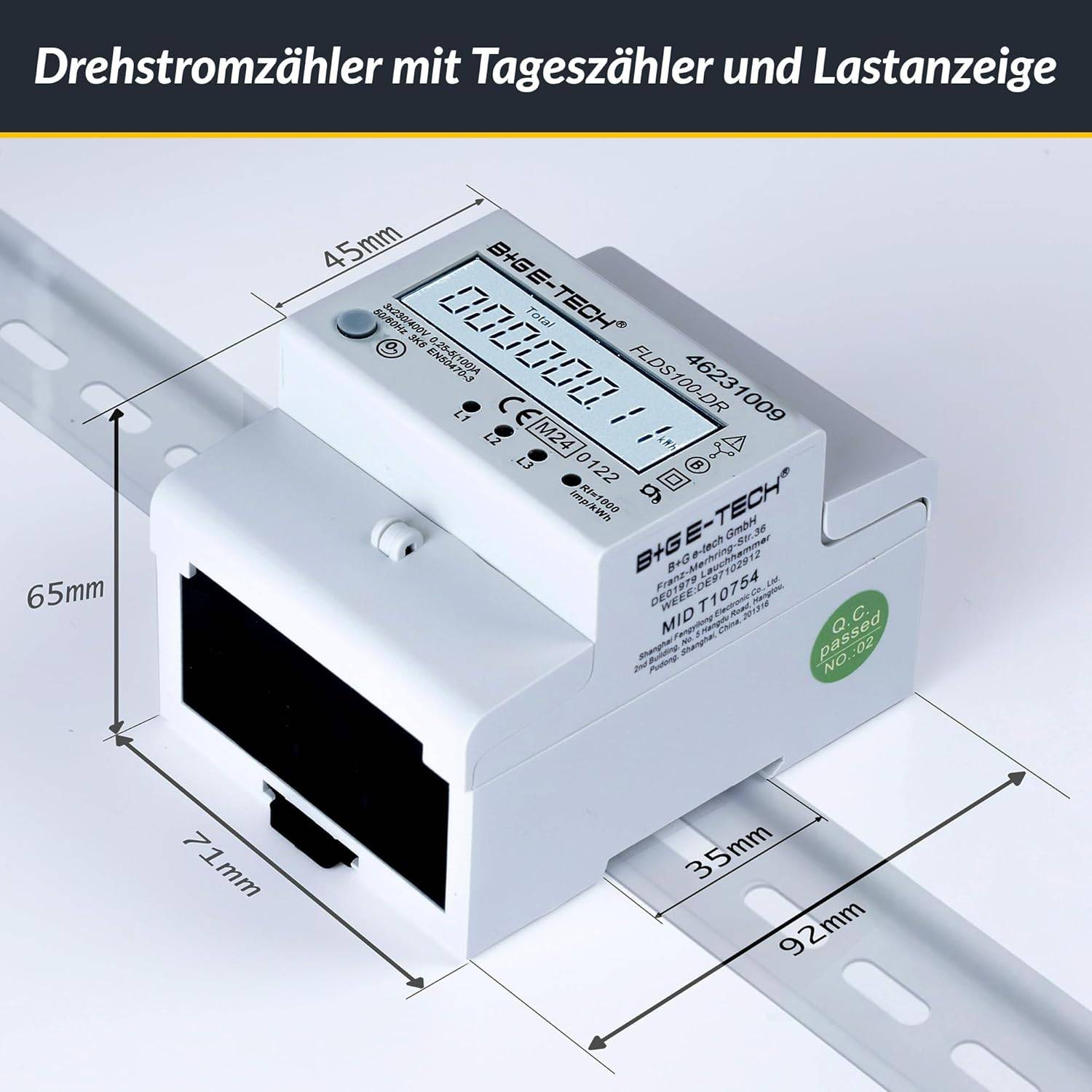 B+G E-Tech FLDS100DR Drehstromzähler 400V 100A LCD Weiß Hutschiene MID 2026 digital Stromzähler-2