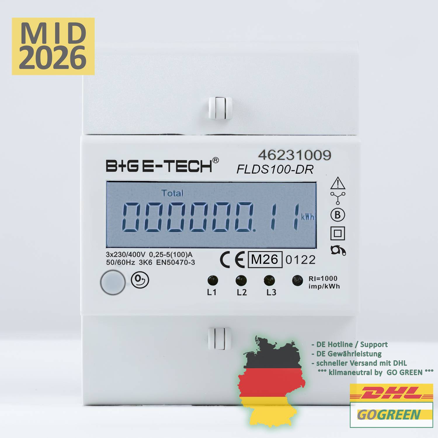 B+G E-Tech FLDS100DR Drehstromzähler 400V 100A LCD Weiß Hutschiene MID 2026 digital Stromzähler-4