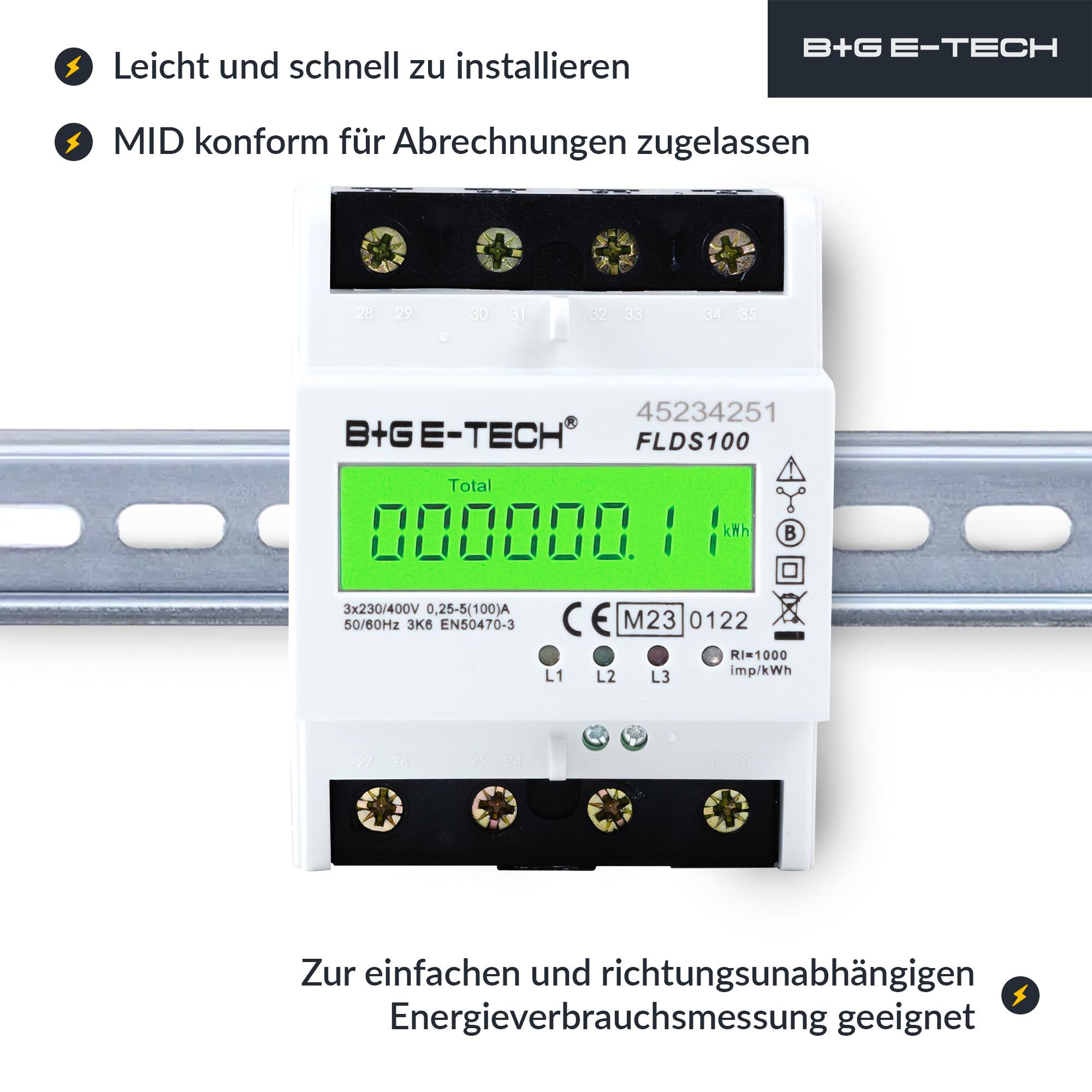 B+G E-Tech FLDS100 Drehstromzähler Hutschiene 400V 100A MID 2026 digital Stromzähler-2