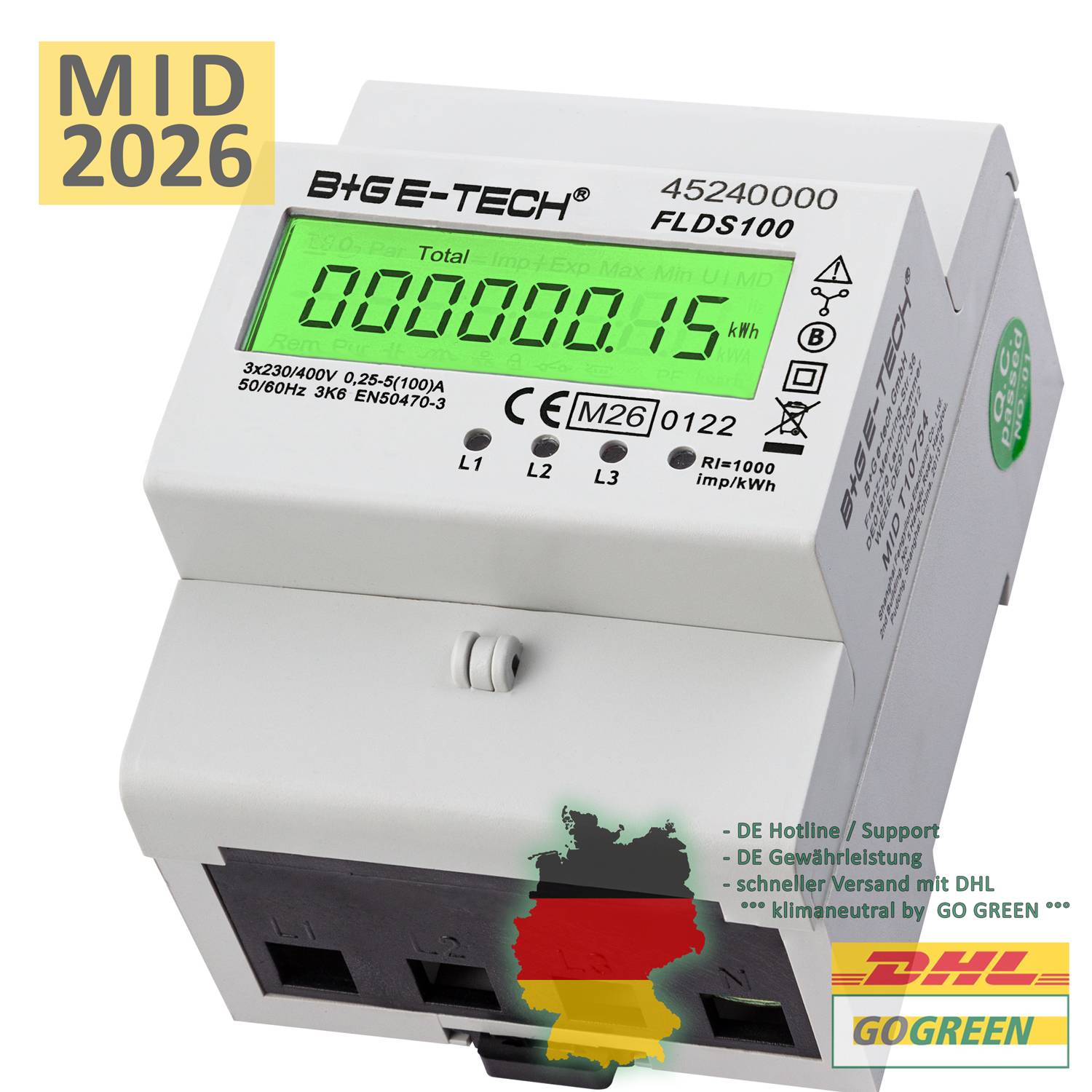 B+G E-Tech FLDS100 Drehstromzähler Hutschiene 400V 100A MID 2026 digital Stromzähler-4