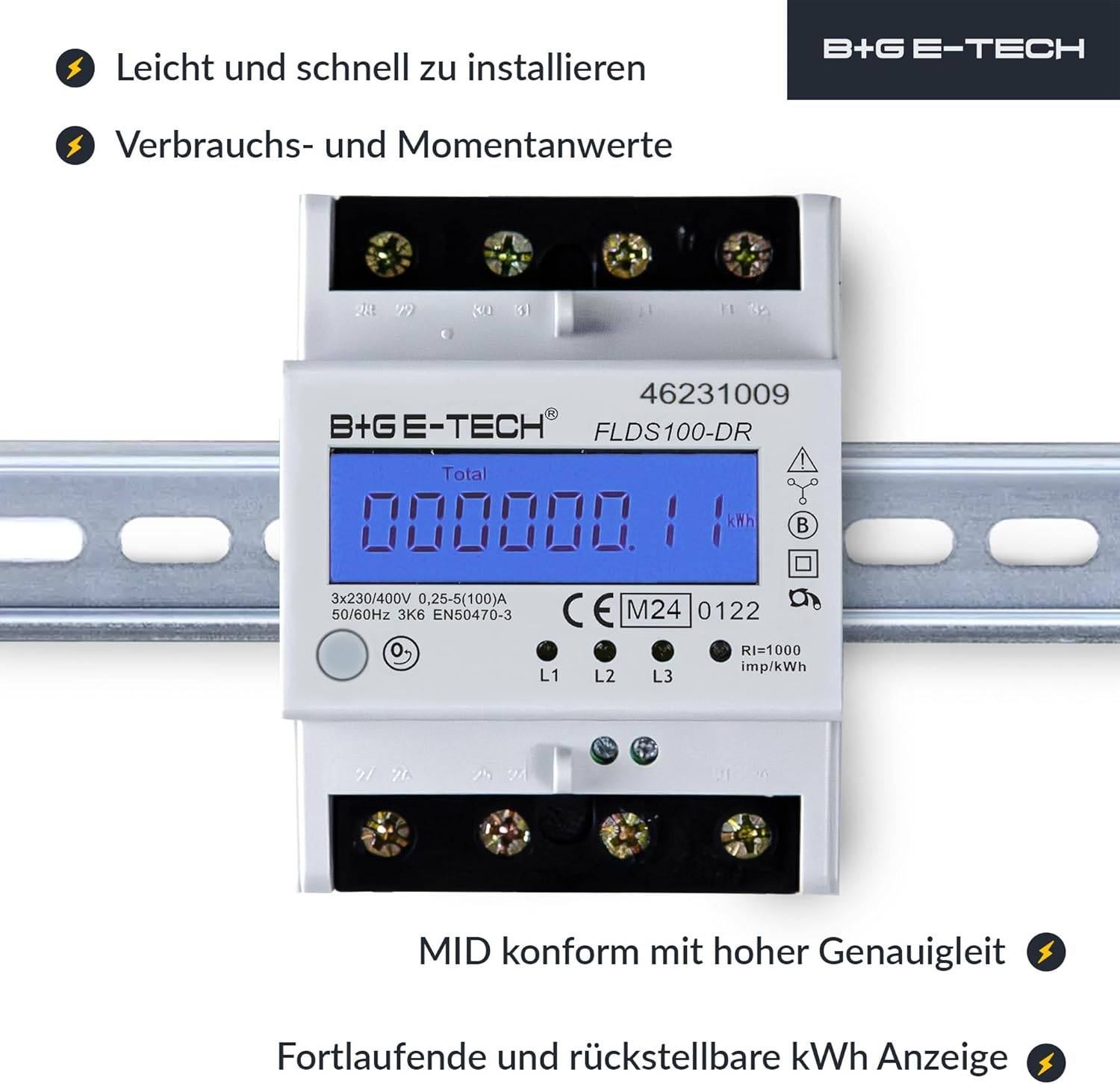 B+G E-Tech FLDS100DR Drehstromzähler 400V 100A LCD Blau Hutschiene MID 2026 digital Stromzähler-2