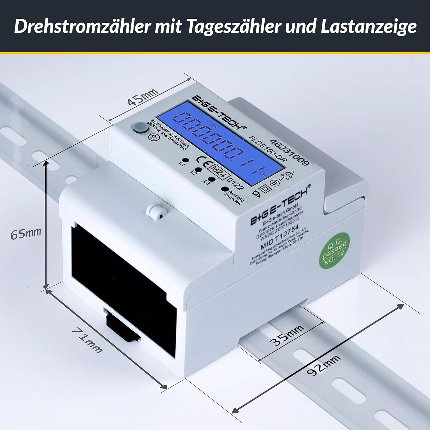 B+G E-Tech FLDS100DR Drehstromzähler 400V 100A LCD Blau Hutschiene MID 2026 digital Stromzähler-3