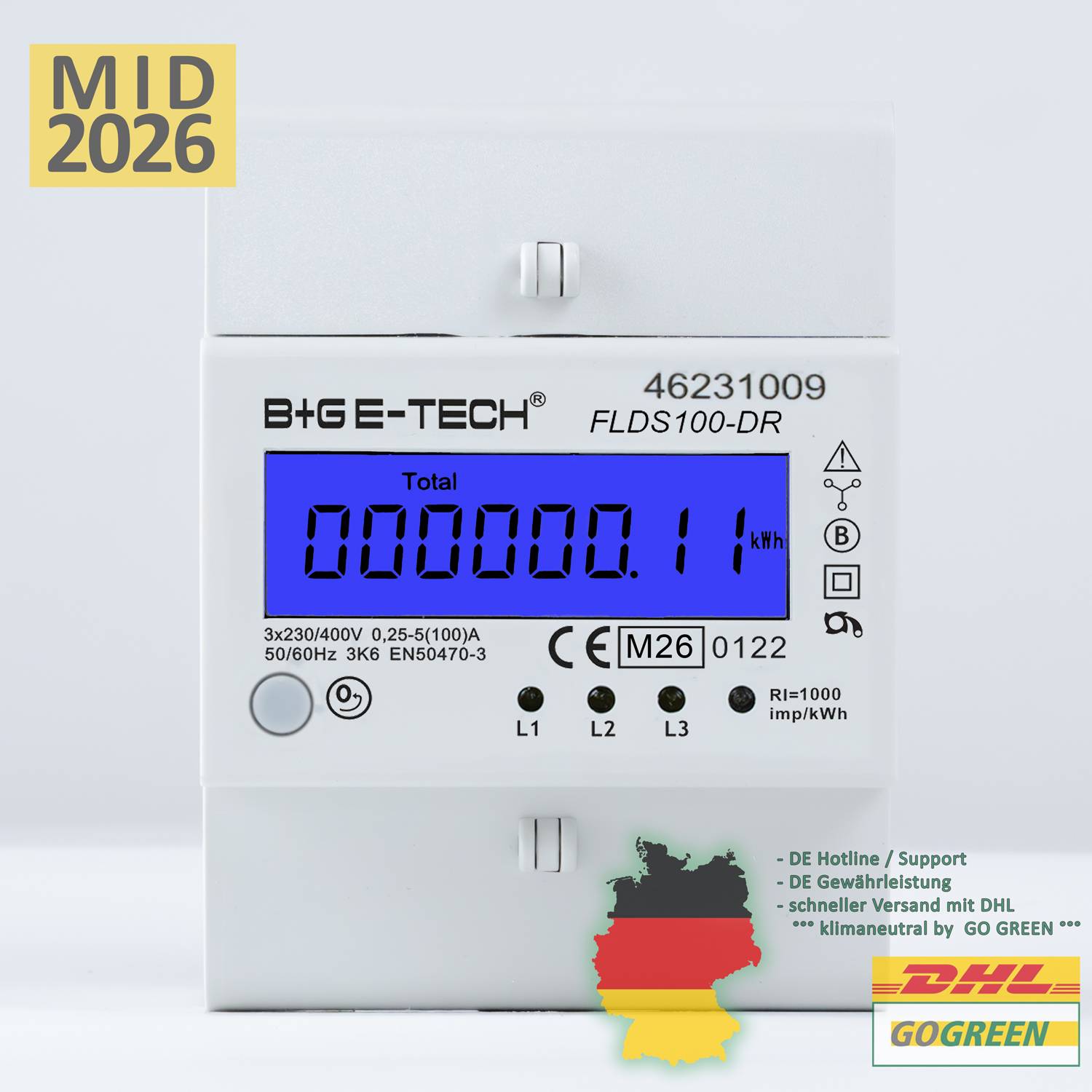 B+G E-Tech FLDS100DR Drehstromzähler 400V 100A LCD Blau Hutschiene MID 2026 digital Stromzähler-4