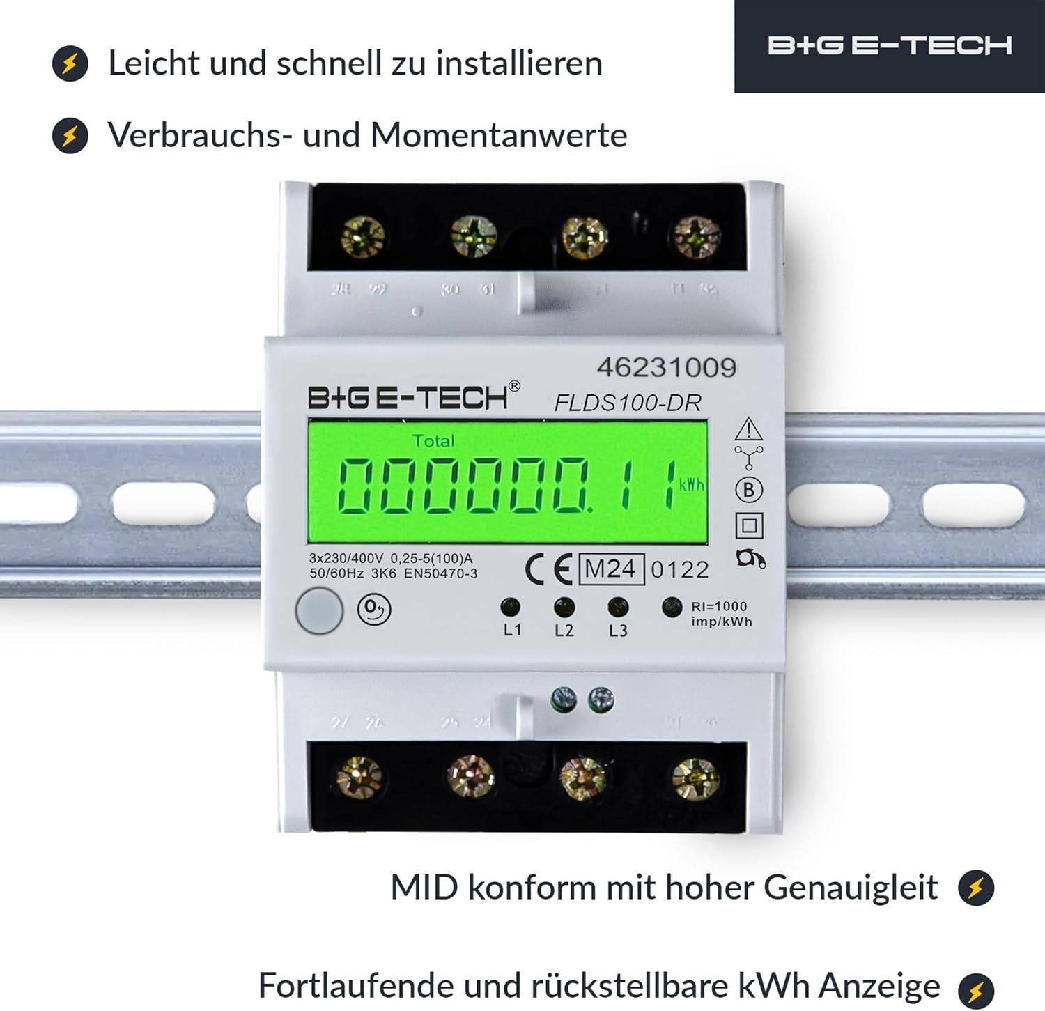 B+G E-Tech FLDS100DR Drehstromzähler 400V 100A LCD Grün Hutschiene MID 2026 digital Stromzähler-2