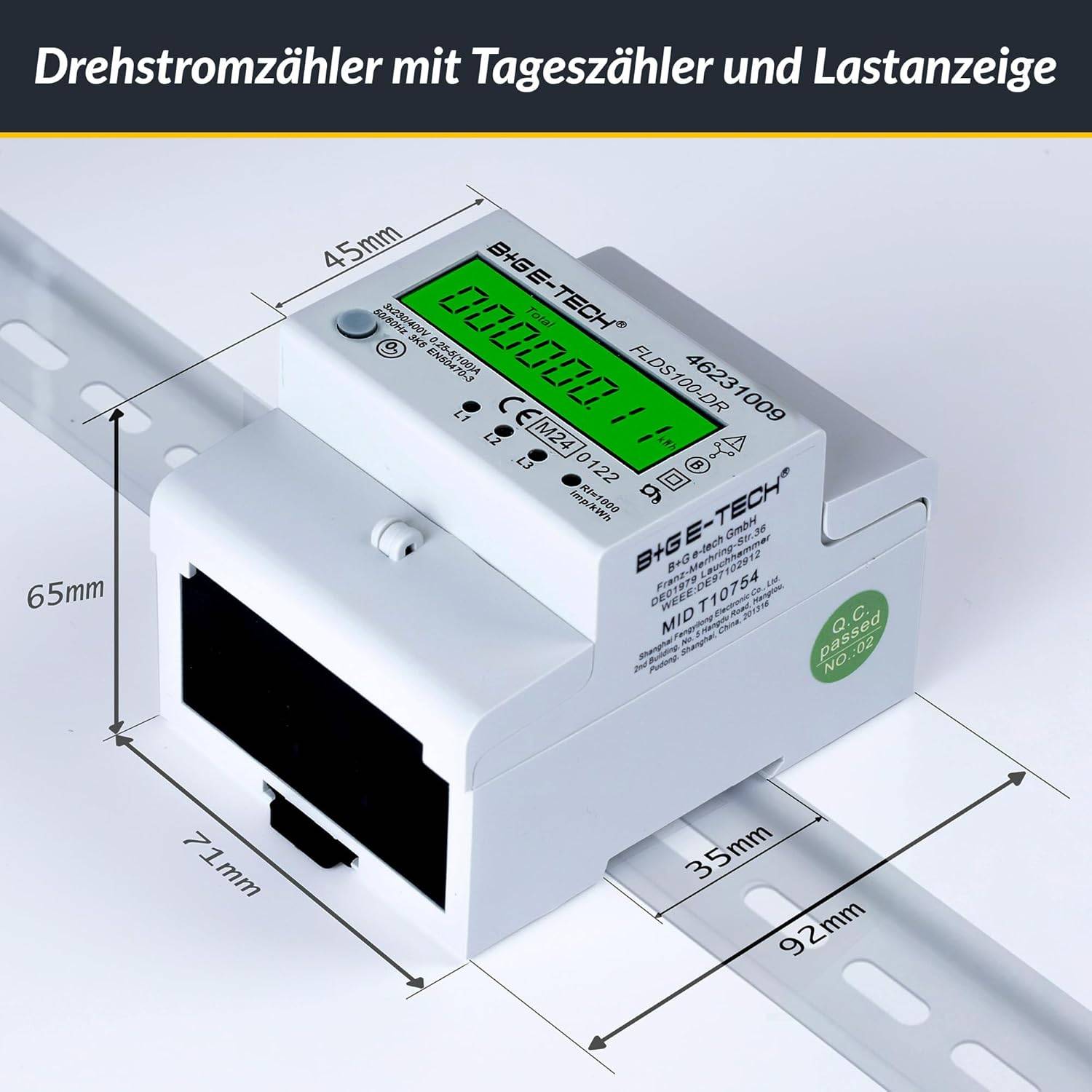 B+G E-Tech FLDS100DR Drehstromzähler 400V 100A LCD Grün Hutschiene MID 2026 digital Stromzähler-3