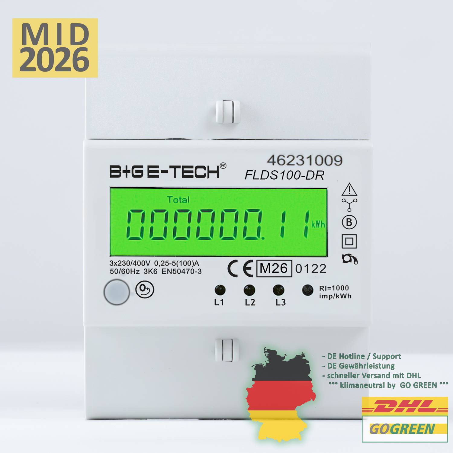 B+G E-Tech FLDS100DR Drehstromzähler 400V 100A LCD Grün Hutschiene MID 2026 digital Stromzähler-4