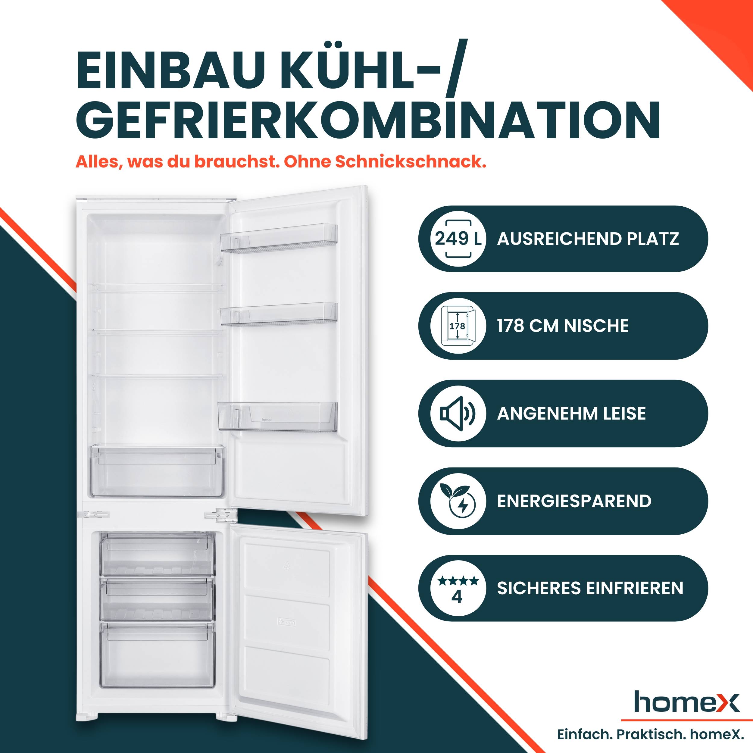 homeX CFB2491E Einbaukühlschrank mit Gefrierfach, Einbau Kühl Gefrierkombination, 178cm Nische - 249 Liter, Schlepptür-1