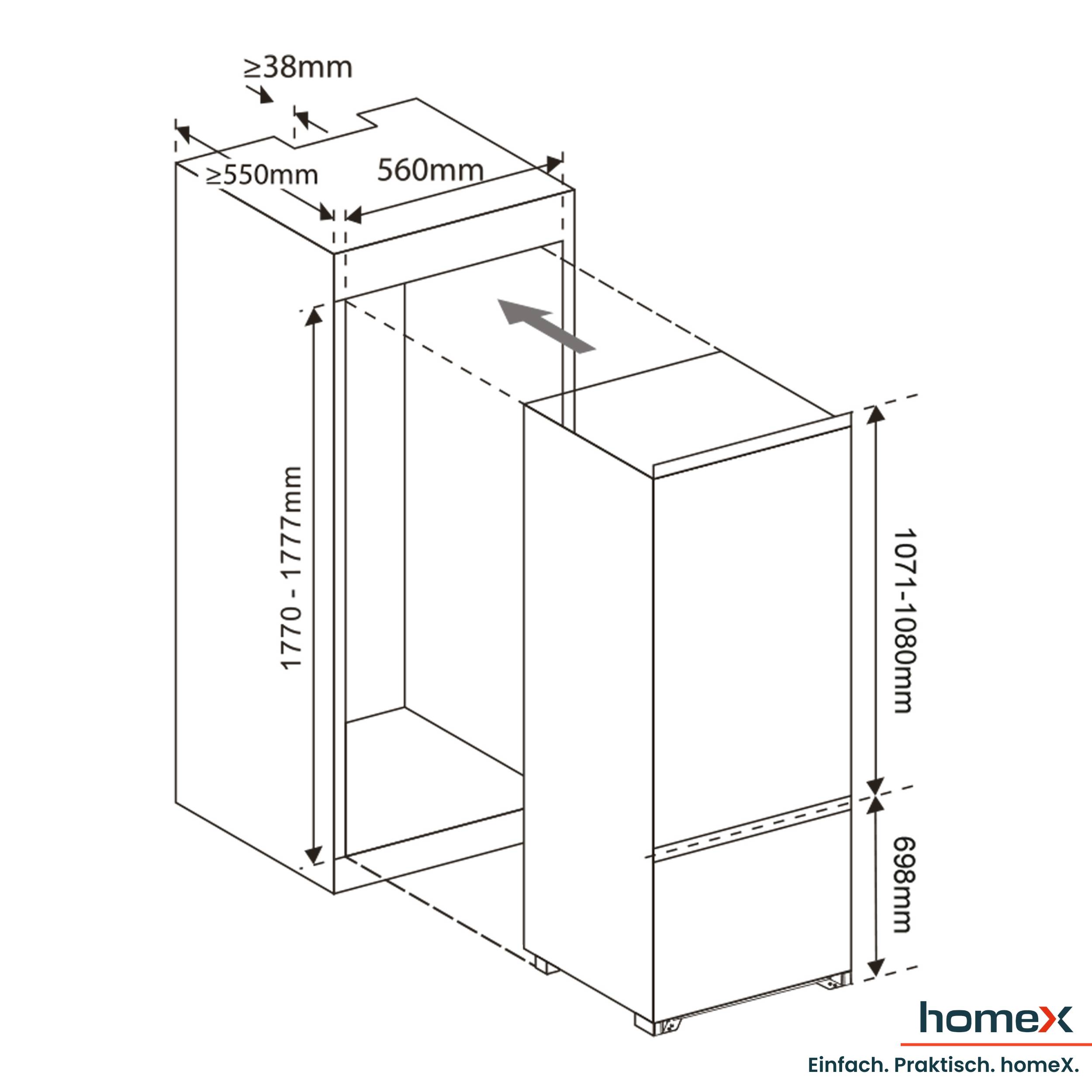 homeX CFB2491E Einbaukühlschrank mit Gefrierfach, Einbau Kühl Gefrierkombination, 178cm Nische - 249 Liter, Schlepptür-2