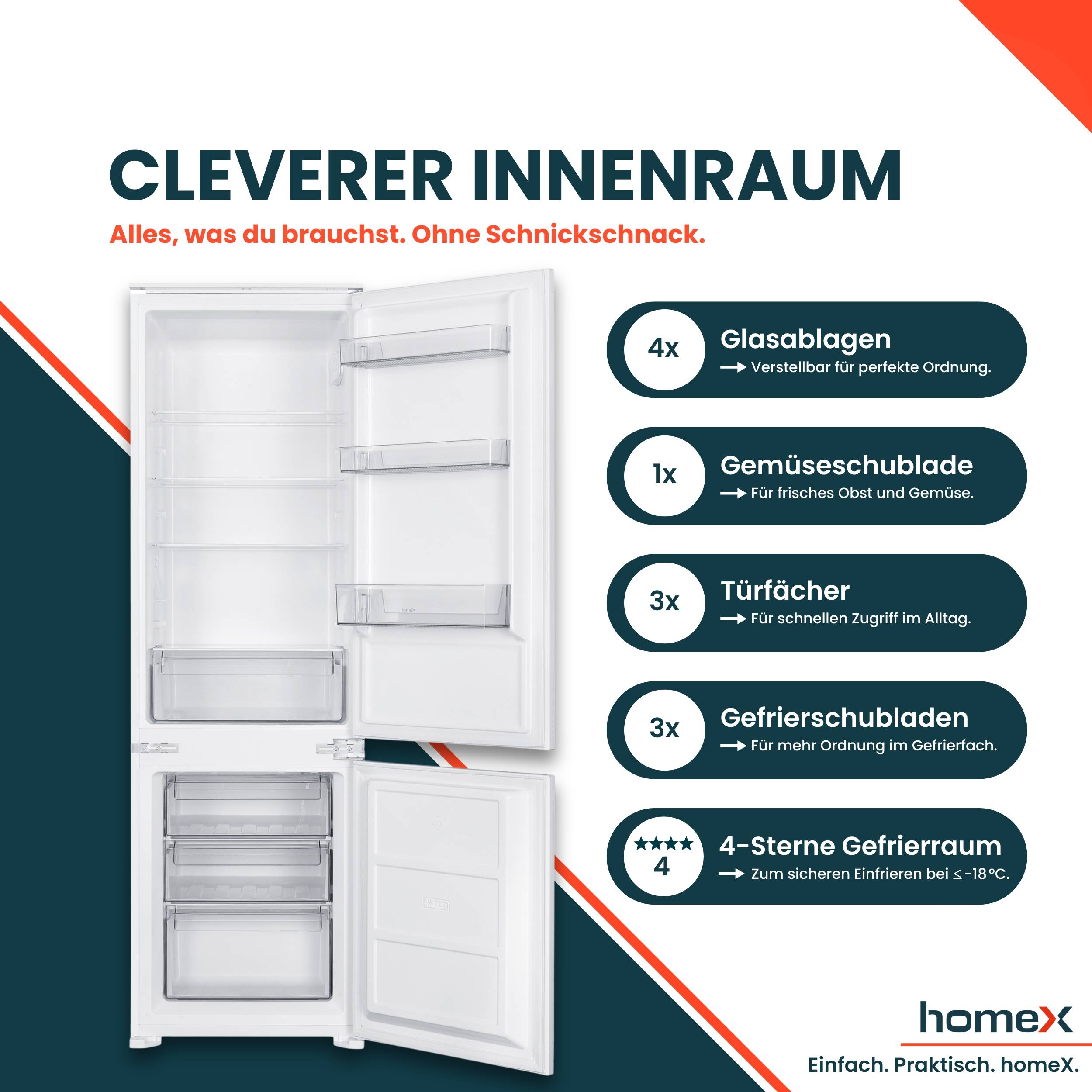 homeX CFB2491E Einbaukühlschrank mit Gefrierfach, Einbau Kühl Gefrierkombination, 178cm Nische - 249 Liter, Schlepptür-3