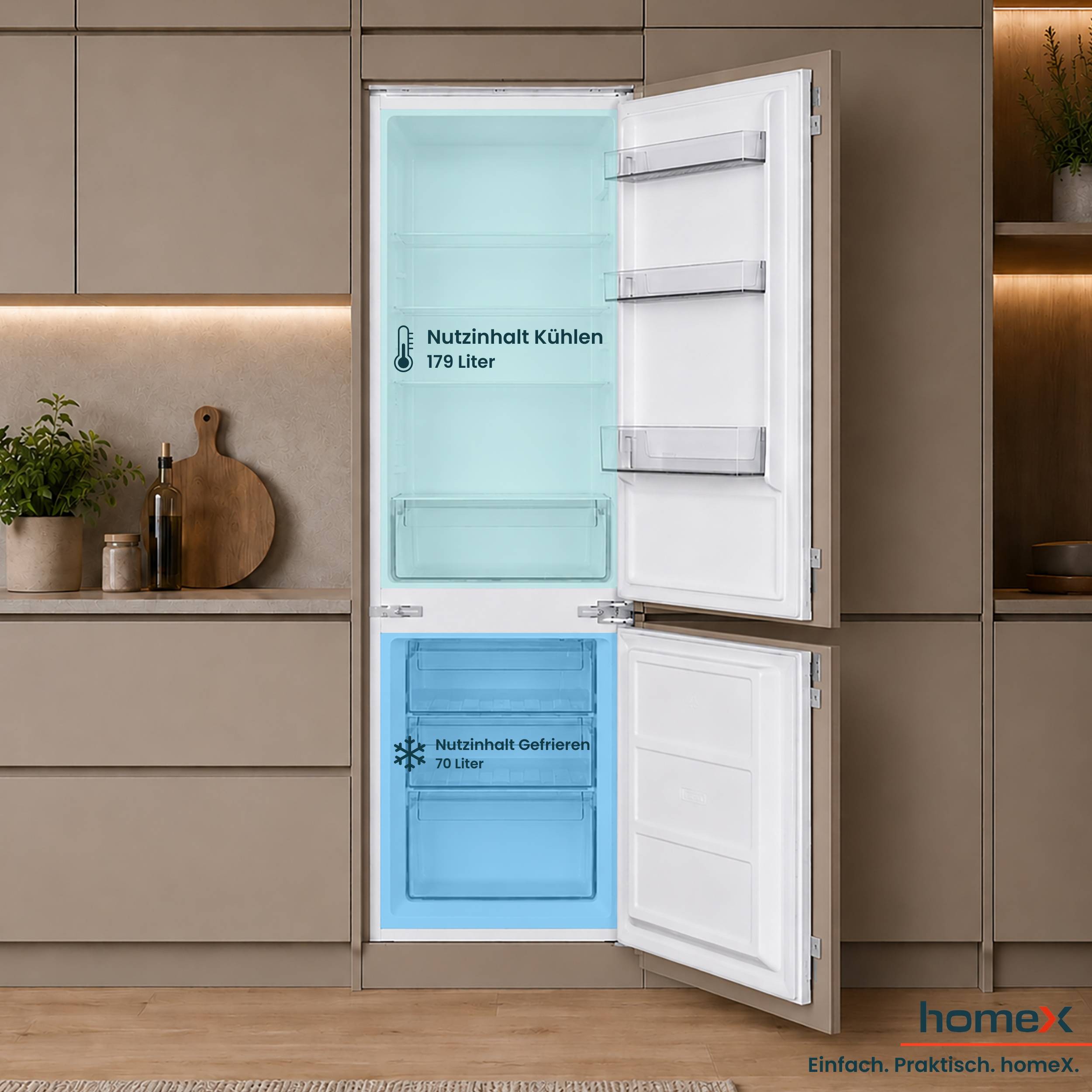 homeX CFB2491E Einbaukühlschrank mit Gefrierfach, Einbau Kühl Gefrierkombination, 178cm Nische - 249 Liter, Schlepptür-4